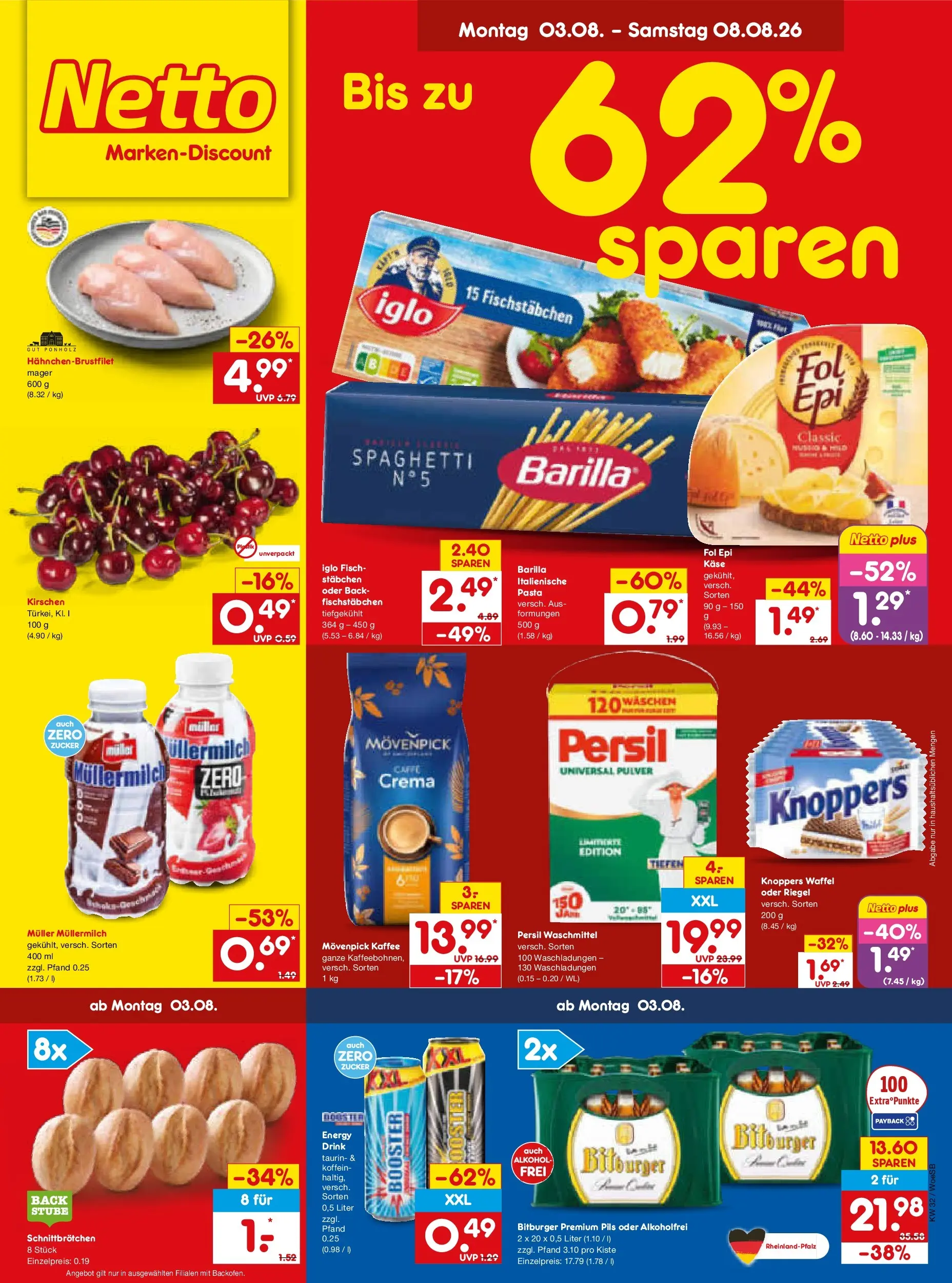 Netto Marken-Discount Prospekt Leonberg (ab 03.08.2026) » Angebote | Seite: 1 | Produkte: Hahnchen, Pils, Fischstabchen, Movenpick kaffee