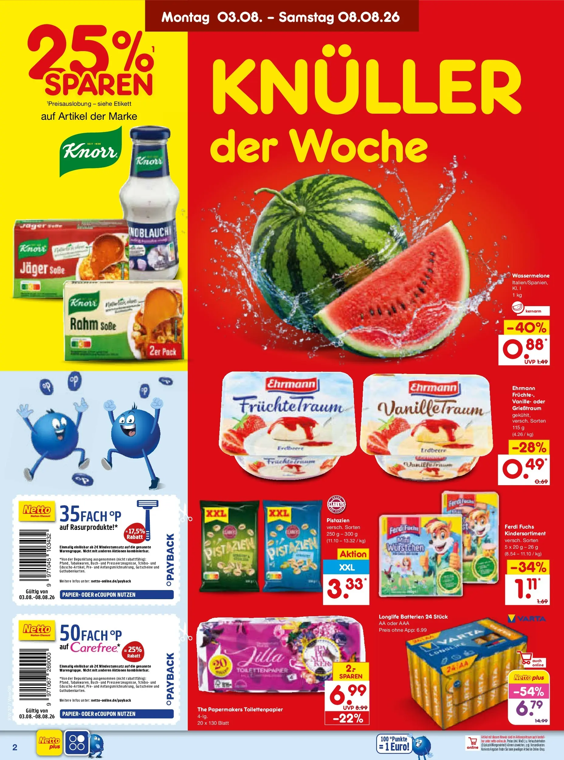 Netto Marken-Discount Prospekt Leonberg (ab 03.08.2026) » Angebote | Seite: 2 | Produkte: Batterien, Knorr, Pistazien, Wassermelone