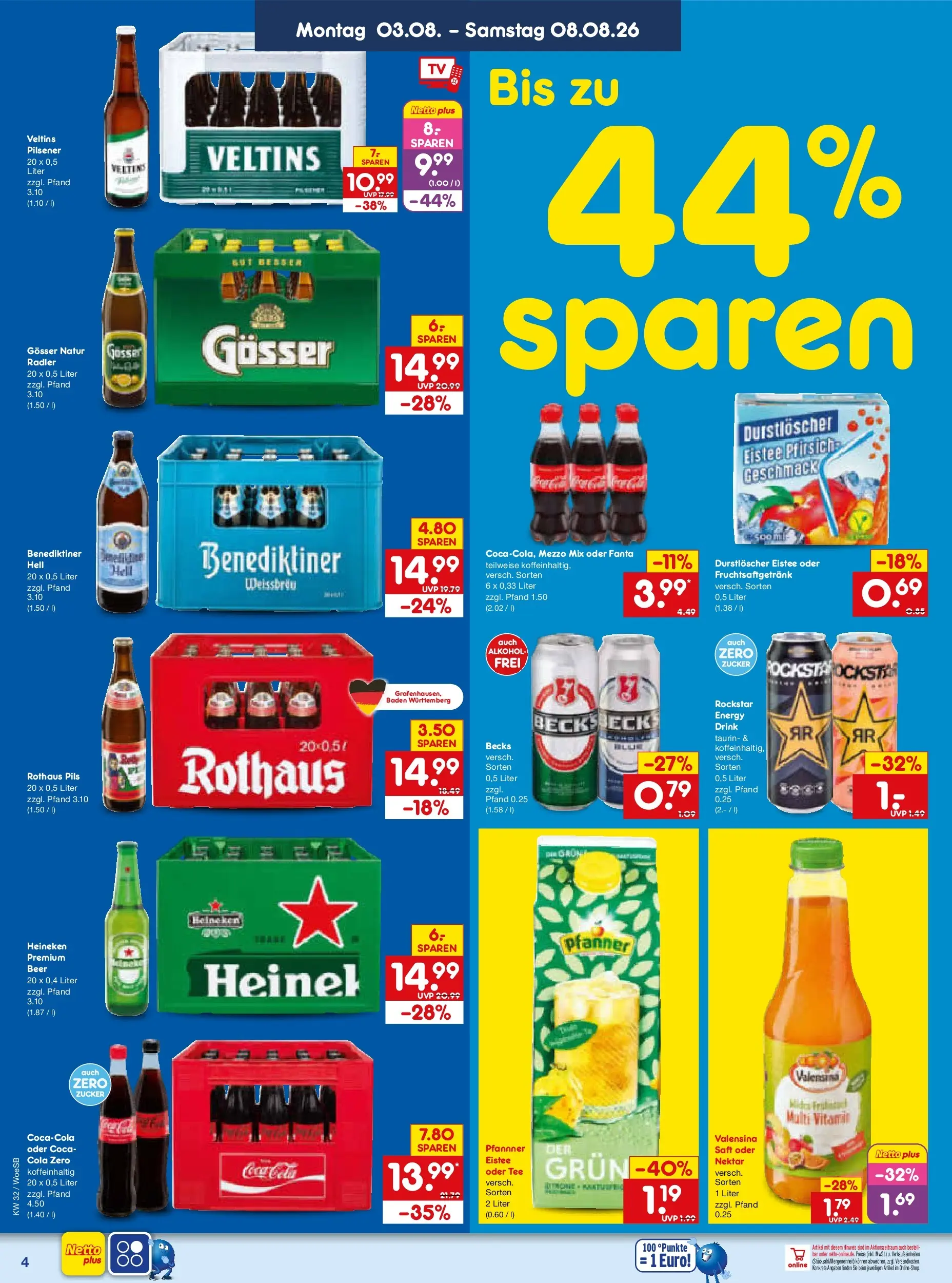 Netto Marken-Discount Prospekt Leonberg (ab 03.08.2026) » Angebote | Seite: 8 | Produkte: Rockstar energy, Pils, Heineken, Pfirsich