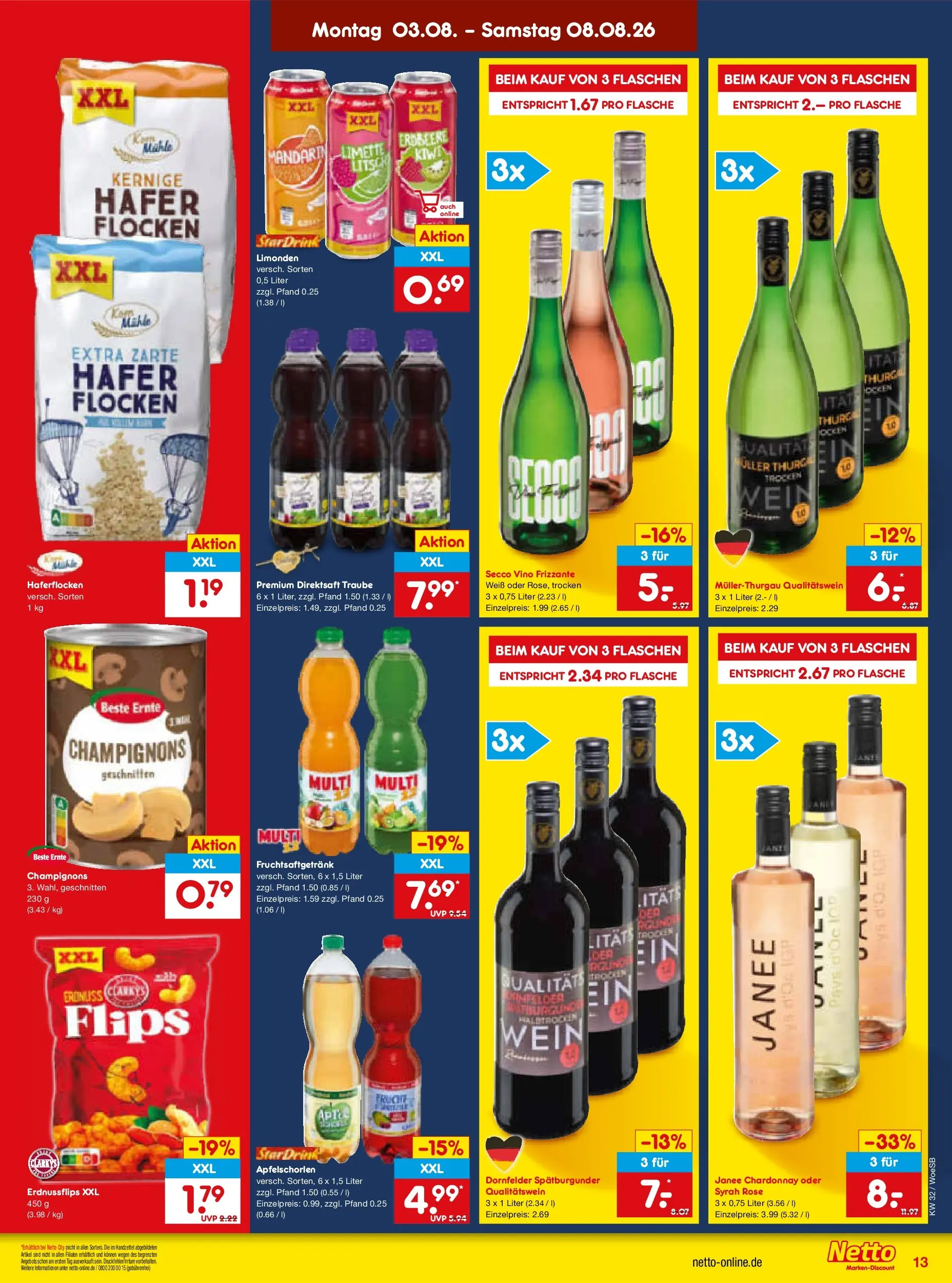 Netto Marken-Discount Prospekt Leonberg (ab 03.08.2026) » Angebote | Seite: 27 | Produkte: Champignons, Wein, Flocken