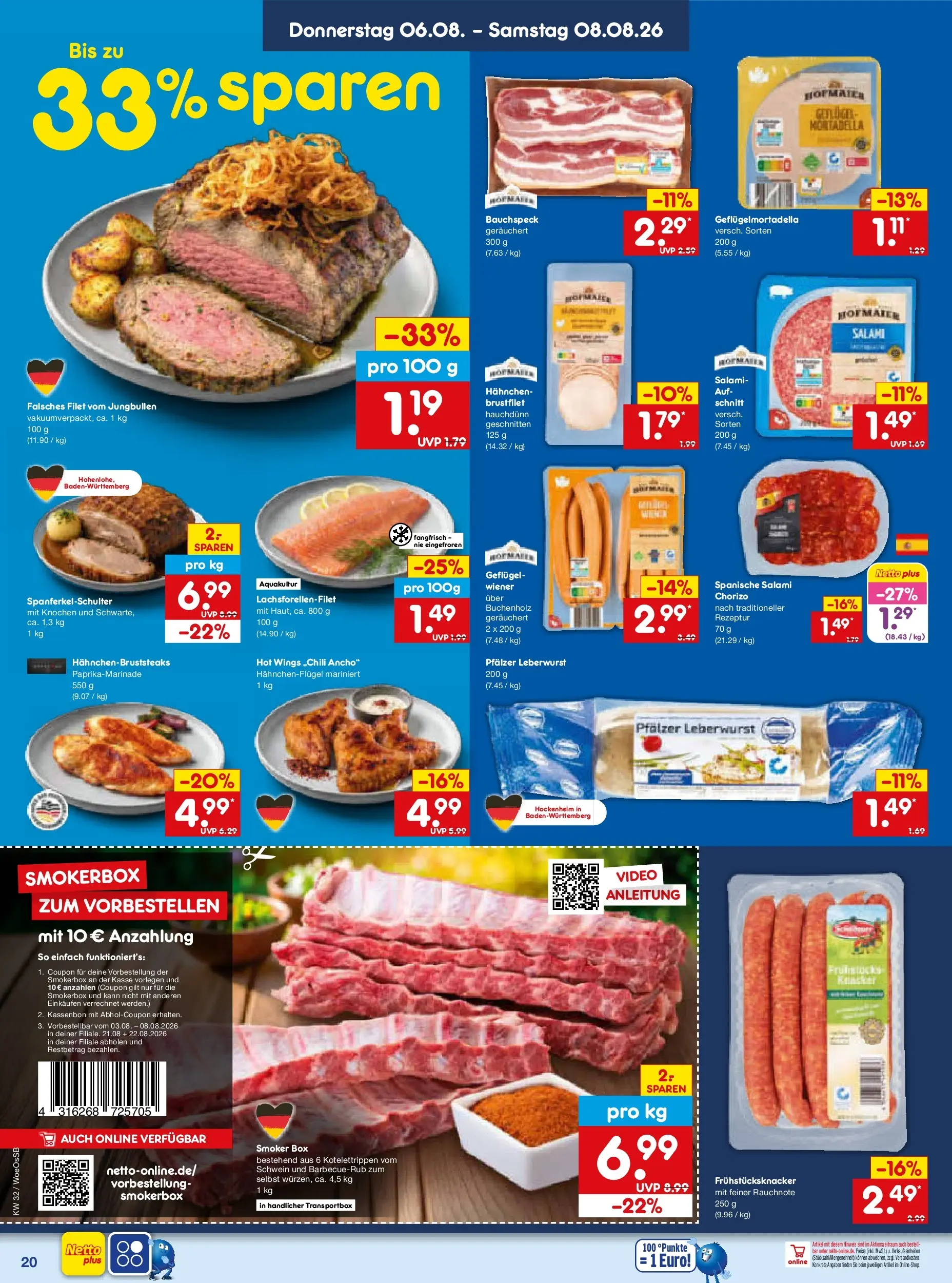 Netto Marken-Discount Prospekt Gemmingen (ab 03.08.2026) » Angebote | Seite: 38 | Produkte: Hahnchen, Box, Salami, Video