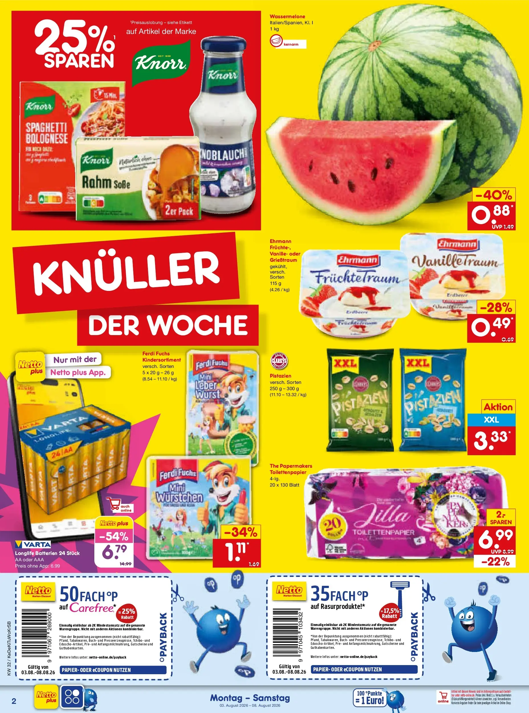 Netto Marken-Discount Prospekt Stuttgart (ab 03.08.2026) » Angebote | Seite: 2 | Produkte: Batterien, Soße, Wurst, Wassermelone