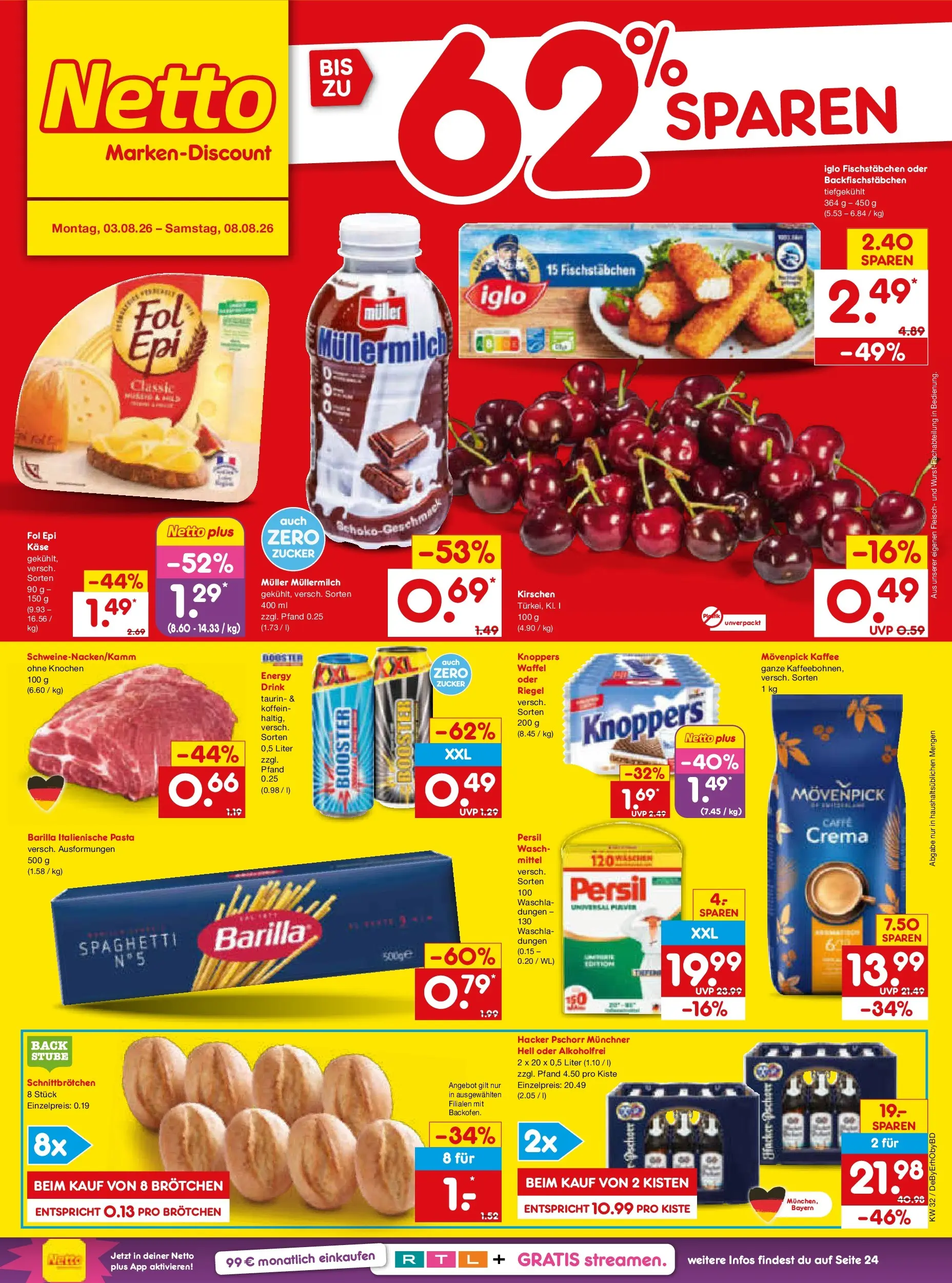 Netto Marken-Discount Prospekt Ergolding (ab 03.08.2026) » Angebote | Seite: 1 | Produkte: Kaffee, Pasta, Fleisch, Persil