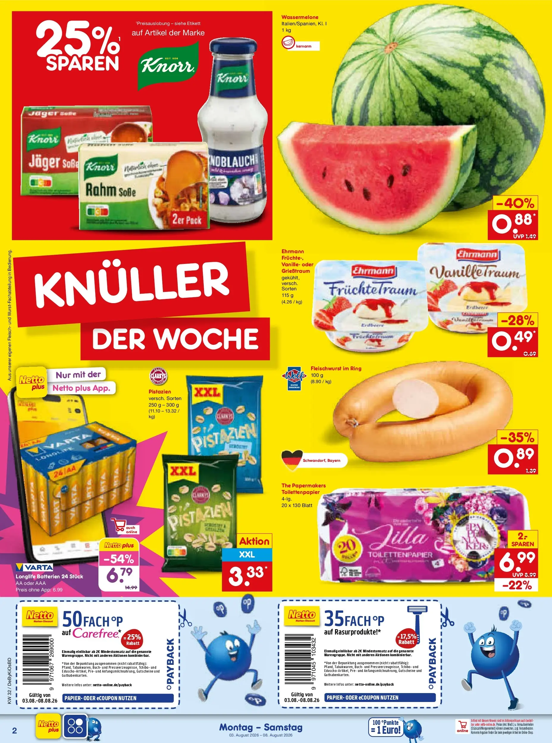Netto Marken-Discount Prospekt Mistelbach (ab 03.08.2026) » Angebote | Seite: 2 | Produkte: Pistazien, Soße, Wassermelone, Fleisch