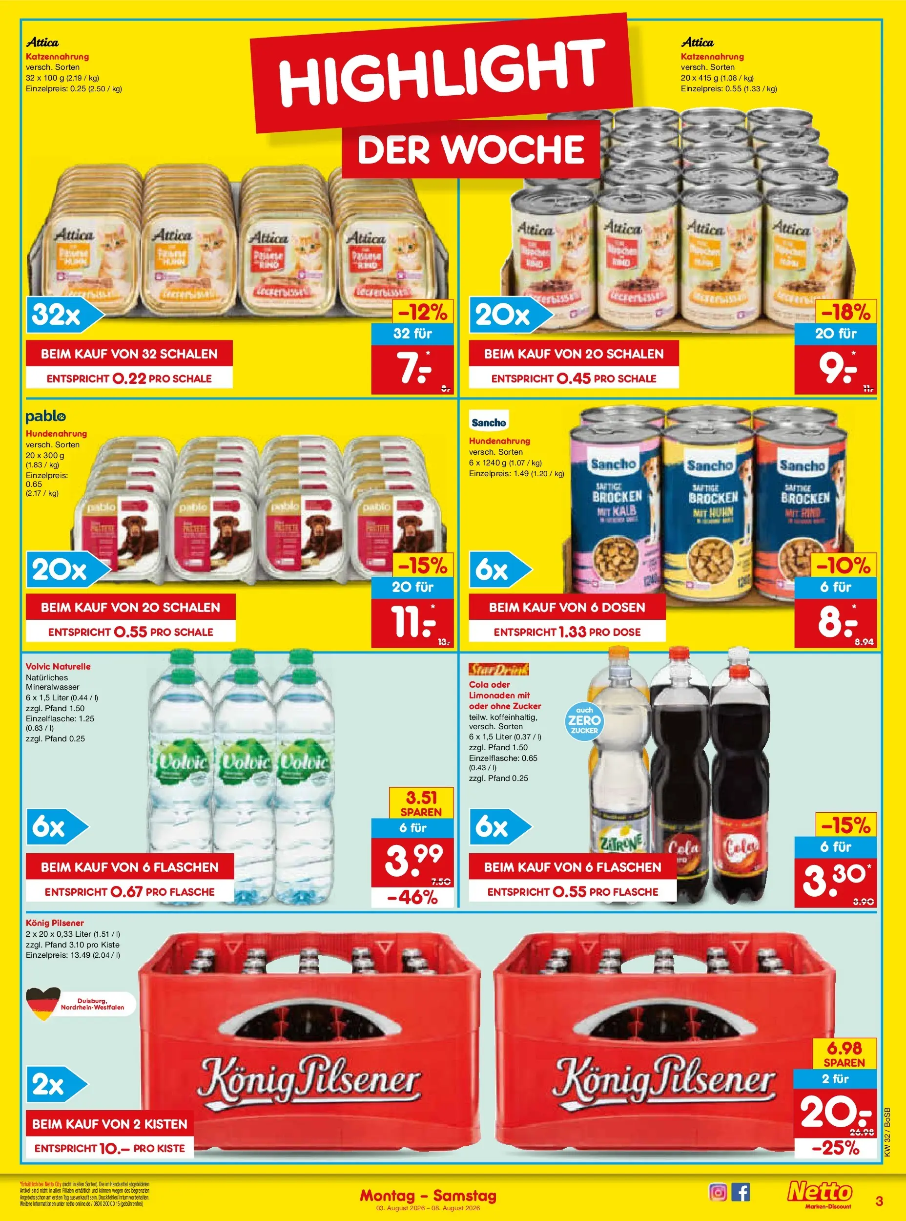 Netto Marken-Discount Prospekt Bochum (ab 03.08.2026) » Angebote | Seite: 3 | Produkte: Konig pilsener, Cola, Zucker, Volvic