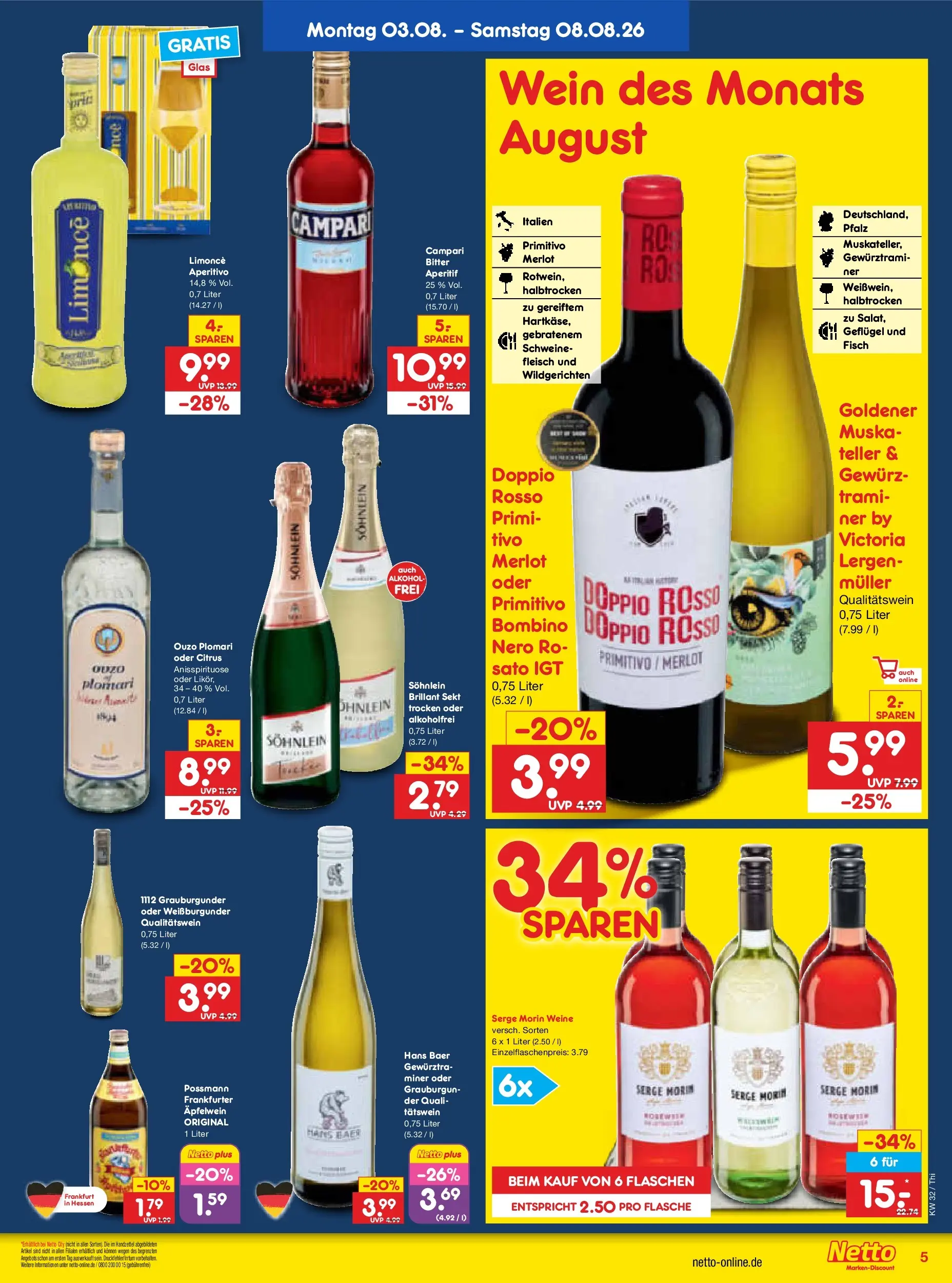Netto Marken-Discount Prospekt Thiendorf (ab 03.08.2026) » Angebote | Seite: 9 | Produkte: Sekt, Merlot, Wein, Ouzo plomari