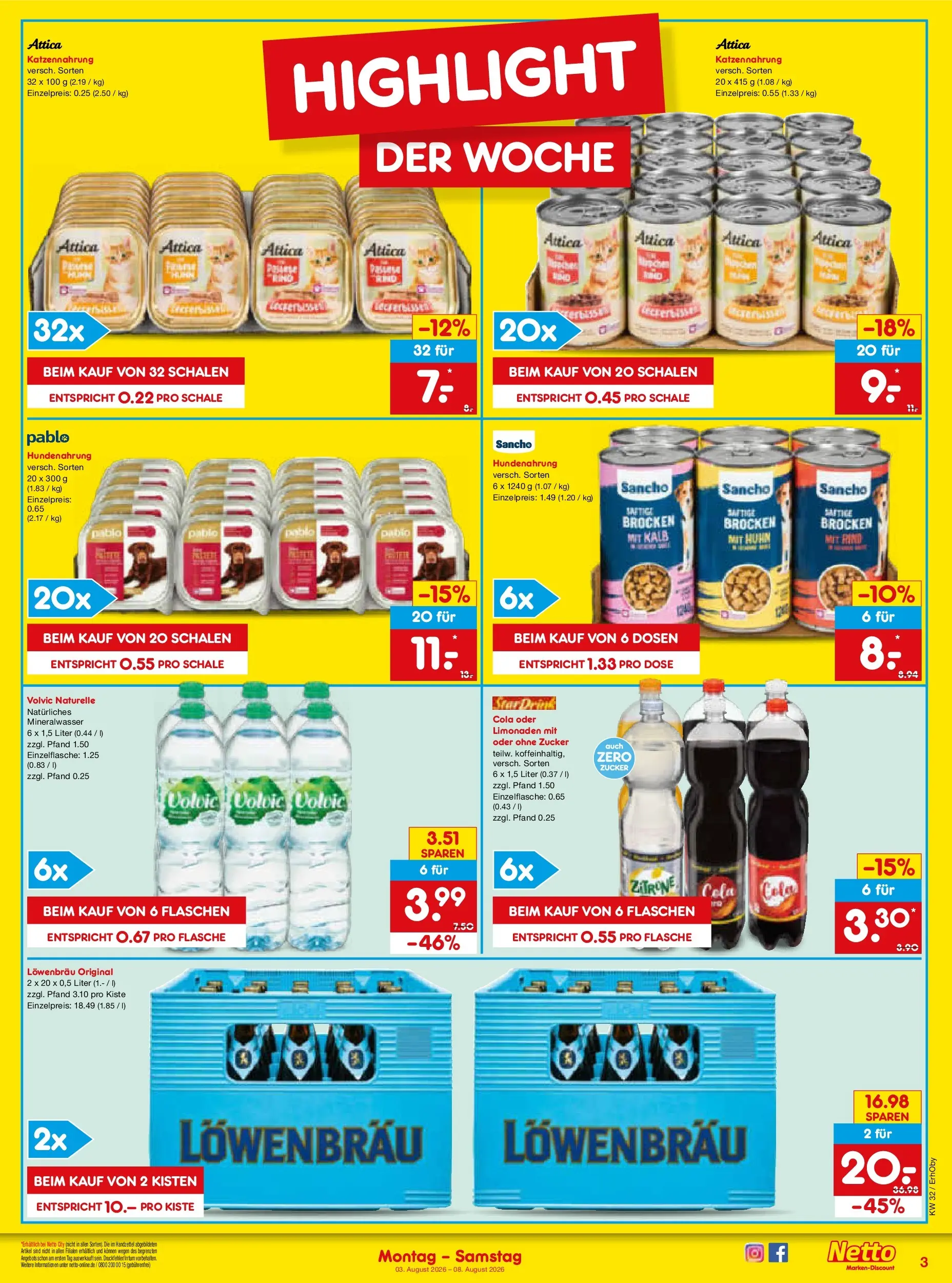 Netto Marken-Discount Prospekt München (ab 03.08.2026) » Angebote | Seite: 3 | Produkte: Cola, Mineralwasser, Zucker, Volvic