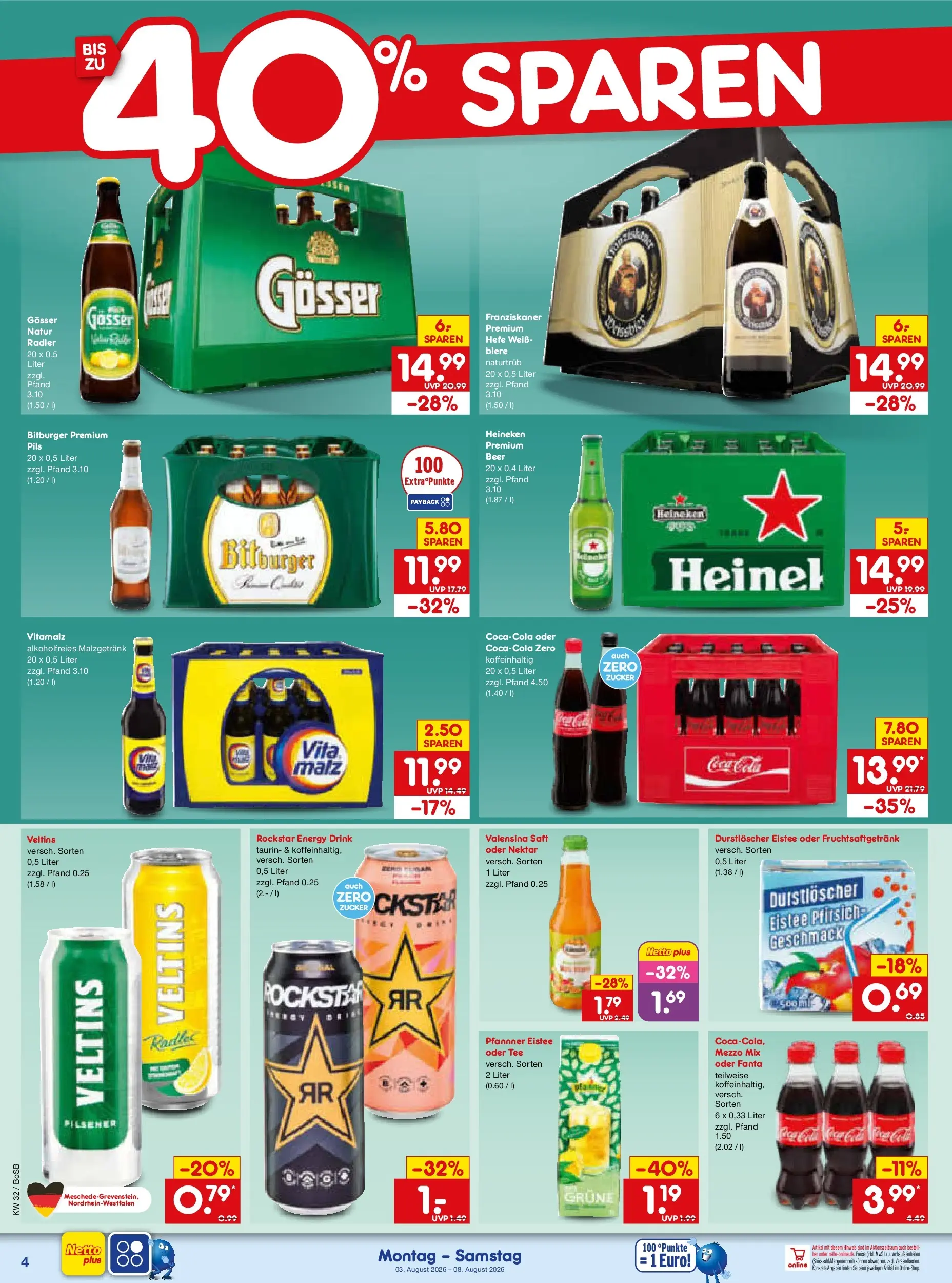 Netto Marken-Discount Prospekt Bochum (ab 03.08.2026) » Angebote | Seite: 8 | Produkte: Energy, Heineken, Pfirsich, Veltins