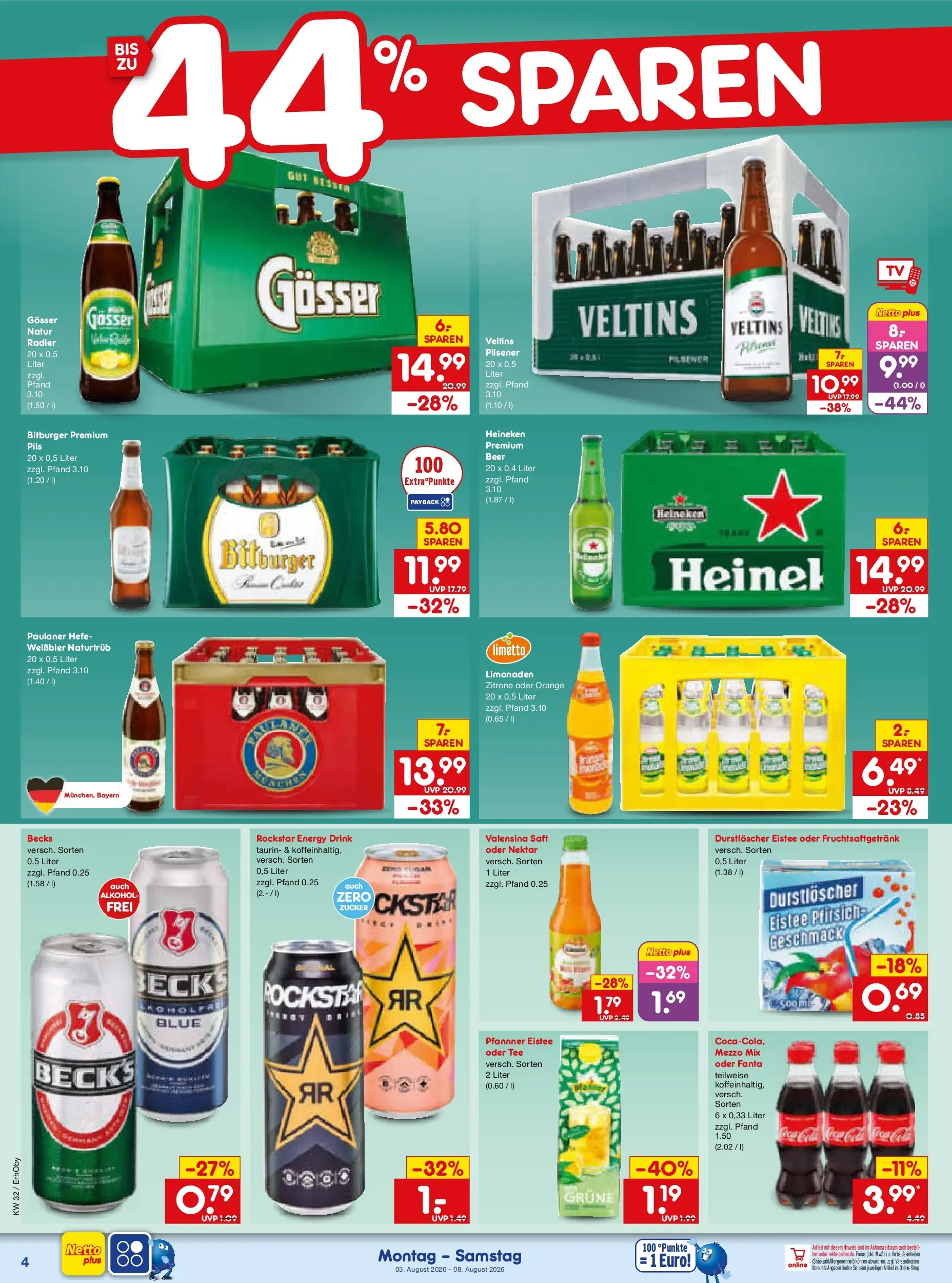 Netto Marken-Discount Prospekt München (ab 03.08.2026) » Angebote | Seite: 8 | Produkte: Fanta, Weißbier, Rockstar, Saft