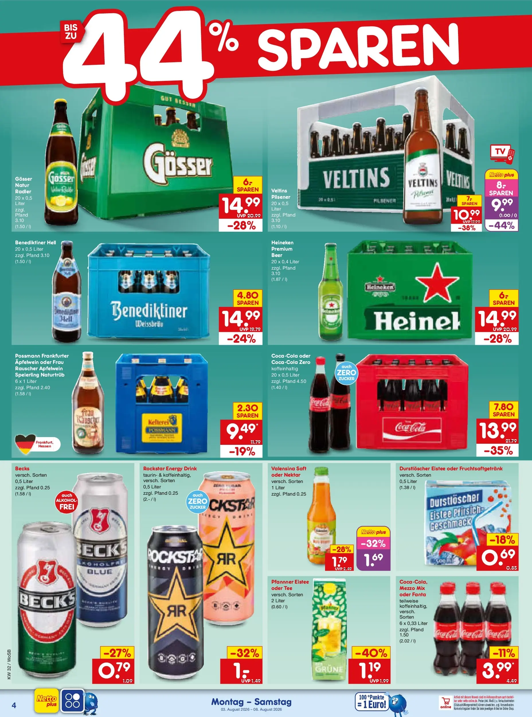 Netto Marken-Discount Prospekt Ludwigshafen-Edigheim (ab 03.08.2026) » Angebote | Seite: 8 | Produkte: Rockstar energy, Durstloscher, Valensina, Veltins