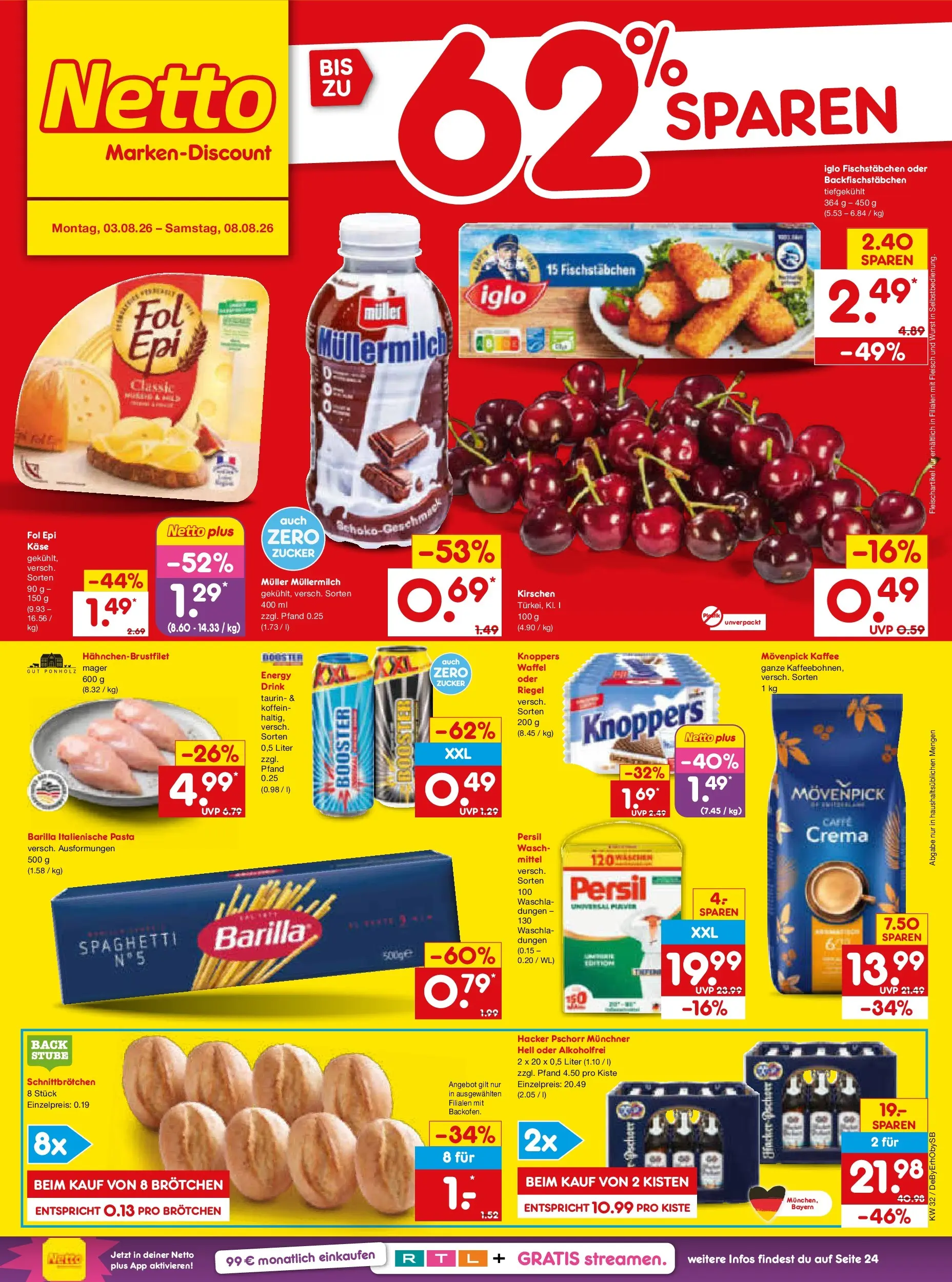 Netto Marken-Discount Prospekt München (ab 03.08.2026) » Angebote | Seite: 1 | Produkte: Barilla, Fischstabchen, Pasta, Fleisch