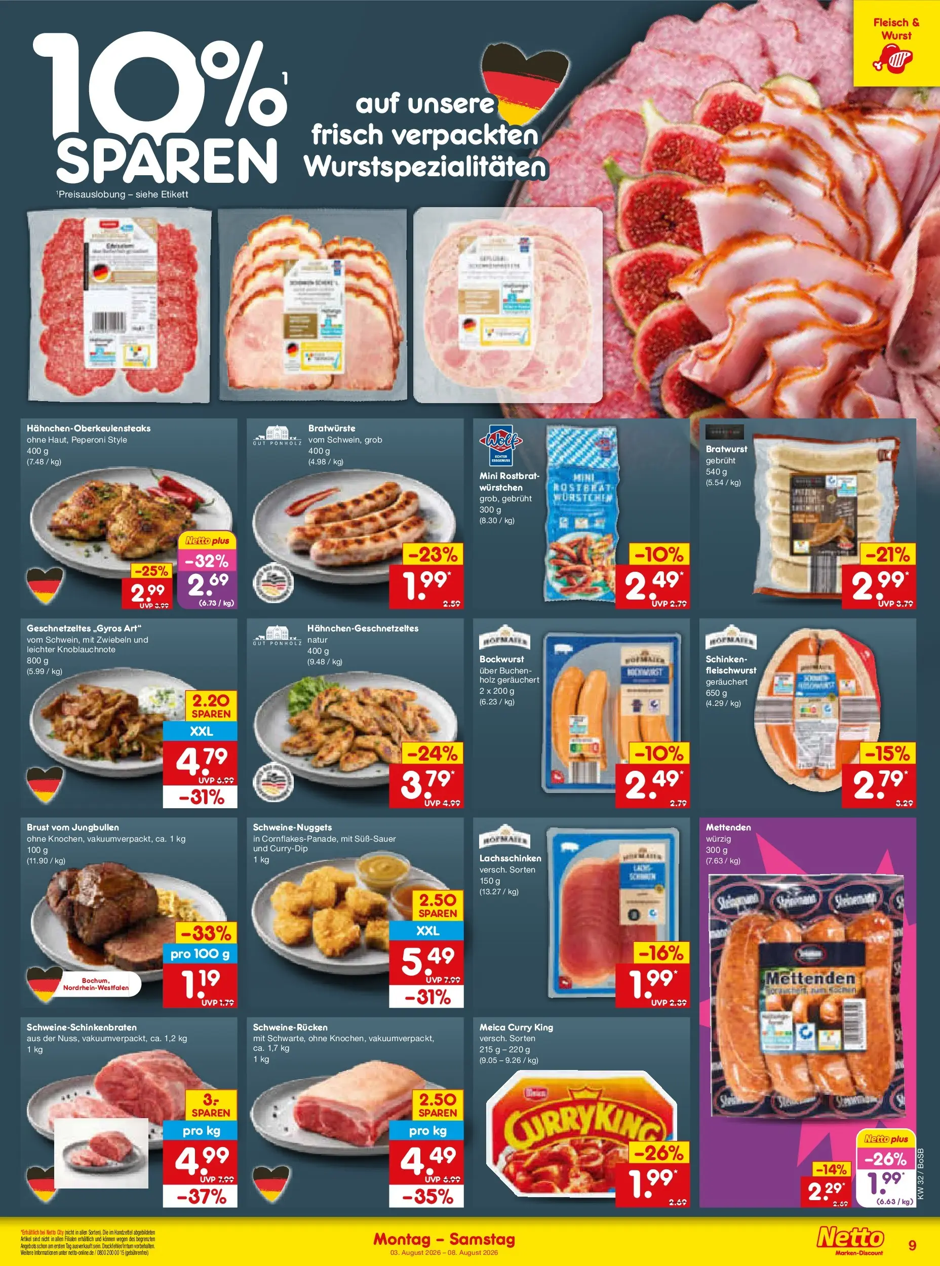 Netto Marken-Discount Prospekt Bochum (ab 03.08.2026) » Angebote | Seite: 19 | Produkte: Bockwurst, Zwiebeln, Wurst, Schweinerucken