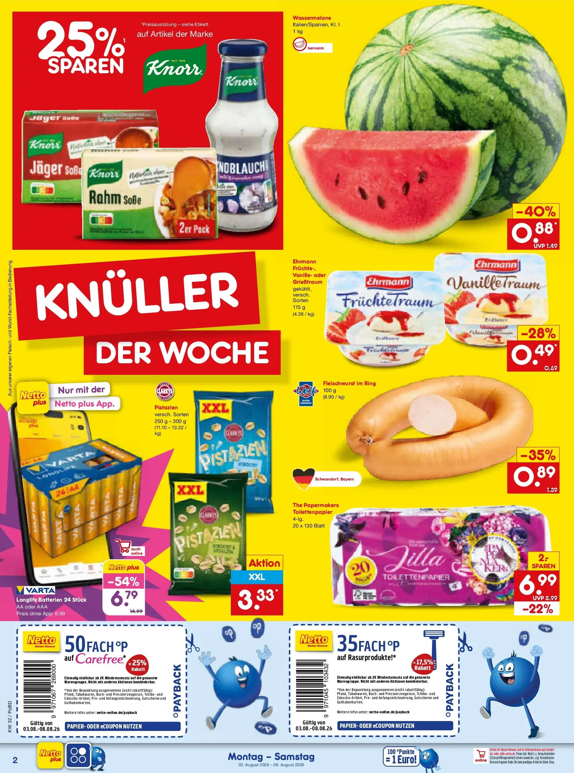 Netto Marken-Discount Prospekt Selb (ab 03.08.2026) » Angebote | Seite: 2 | Produkte: Knorr, Soße, Wassermelone, Toilettenpapier