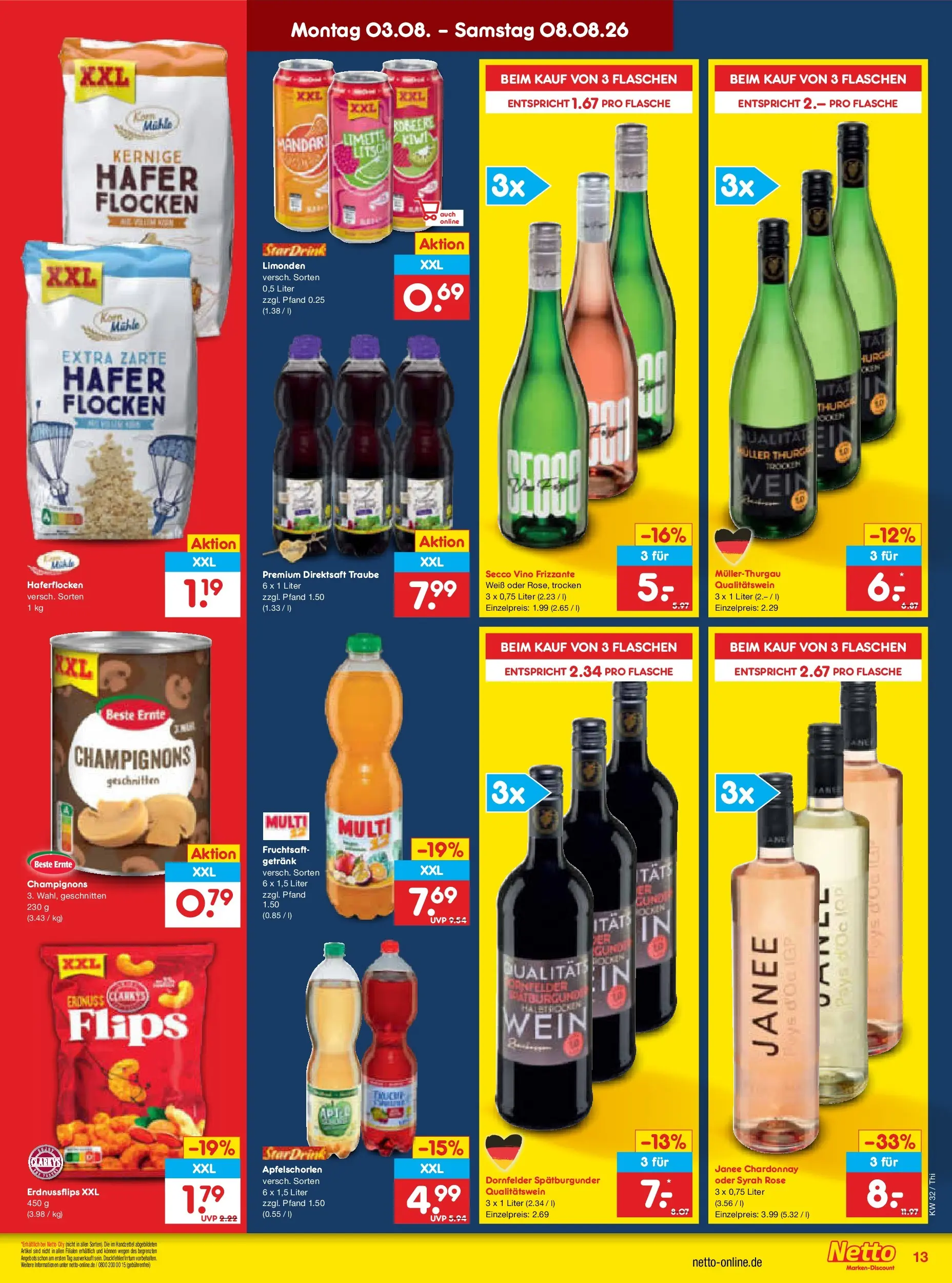 Netto Marken-Discount Prospekt Thiendorf (ab 03.08.2026) » Angebote | Seite: 27 | Produkte: Champignons, Wein, Fruchtsaft, Flocken
