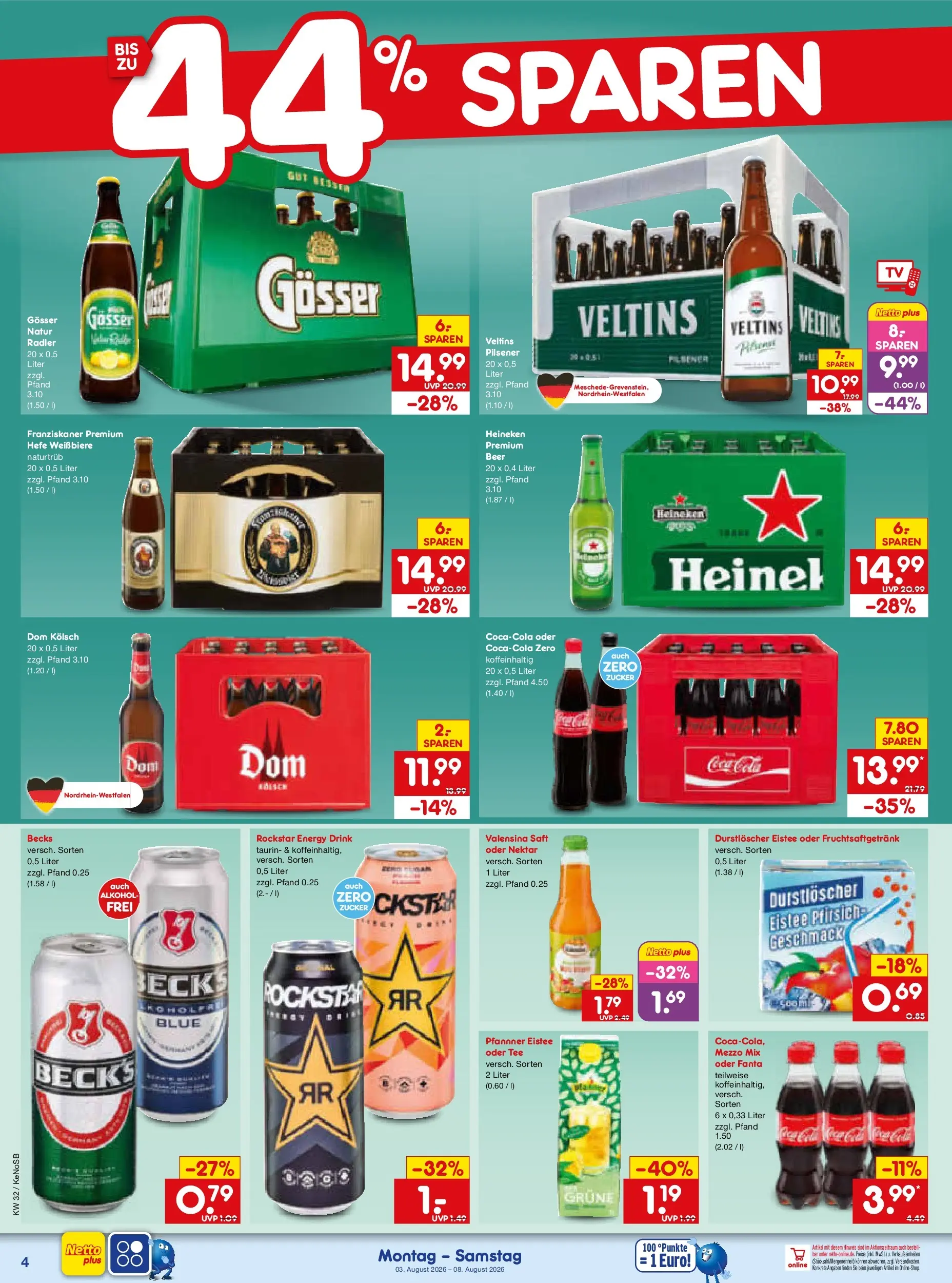 Netto Marken-Discount Prospekt Koblenz (ab 03.08.2026) » Angebote | Seite: 8 | Produkte: Mezzo mix, Rockstar, Radler, Veltins