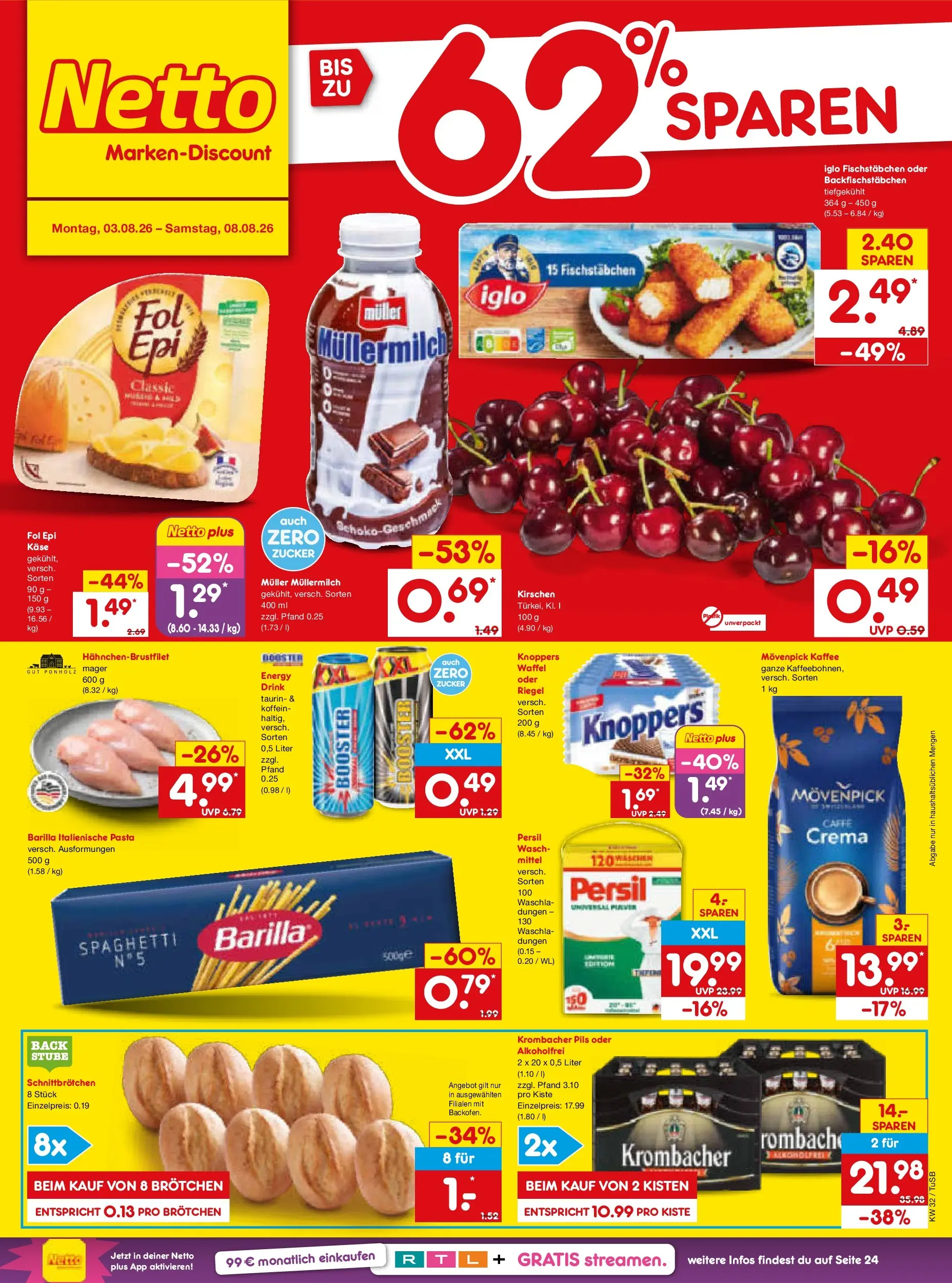 Netto Marken-Discount Prospekt Sindelfingen (ab 03.08.2026) » Angebote | Seite: 1 | Produkte: Energy, Kirschen, Krombacher, Muller mullermilch