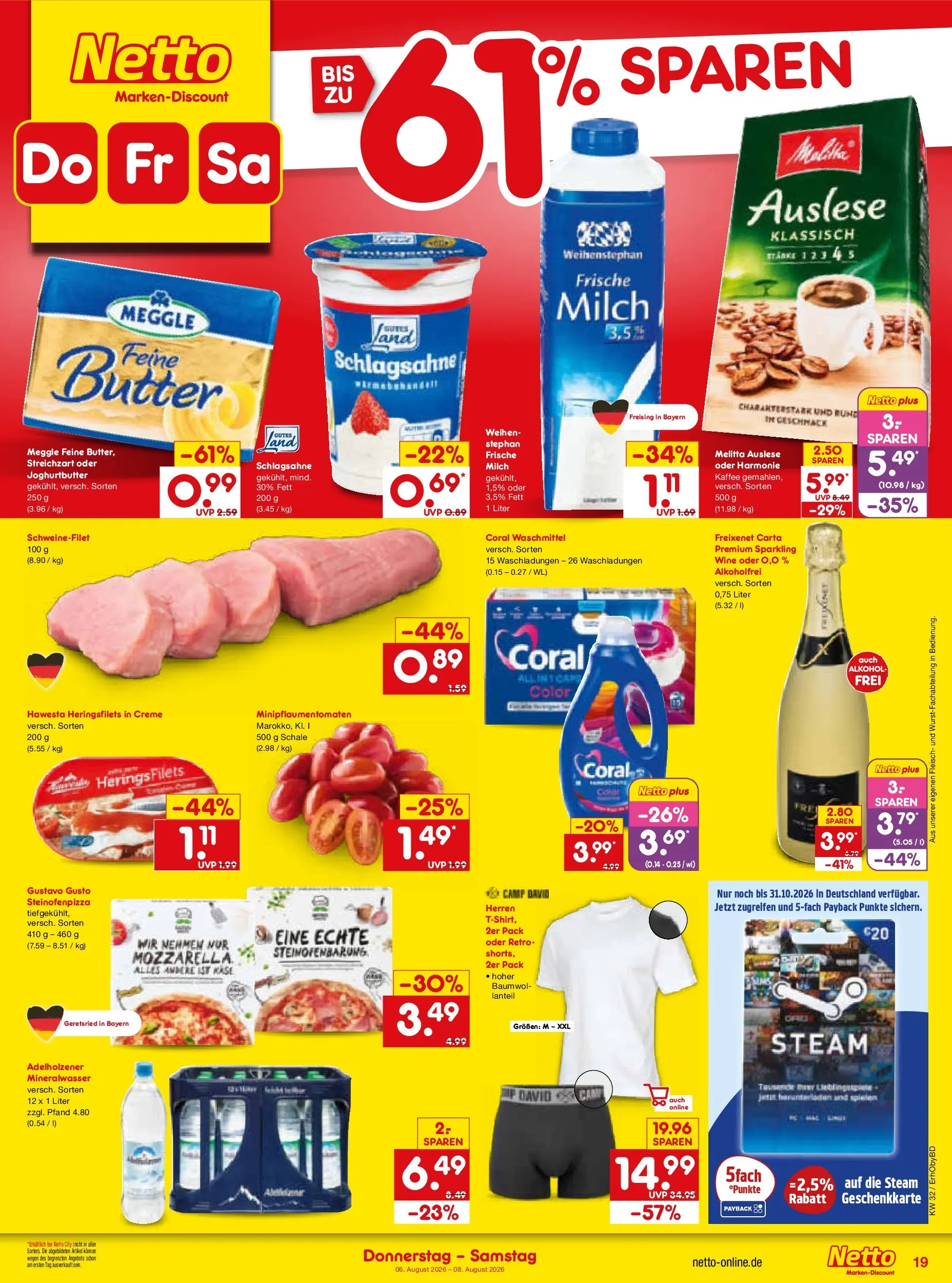 Netto Marken-Discount Prospekt Ergolding (ab 03.08.2026) » Angebote | Seite: 37 | Produkte: Schlagsahne, Milch, Mineralwasser, Fleisch