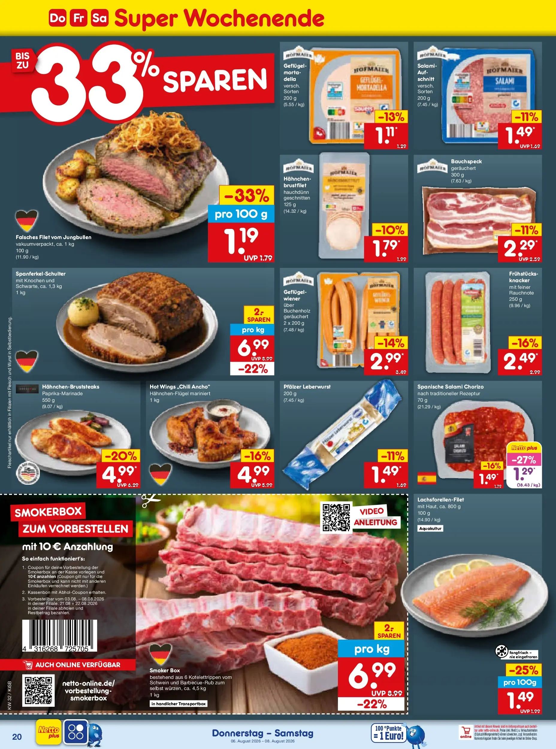 Netto Marken-Discount Prospekt Bad Friedrichshall (ab 03.08.2026) » Angebote | Seite: 38 | Produkte: Hahnchen, Box, Salami, Video