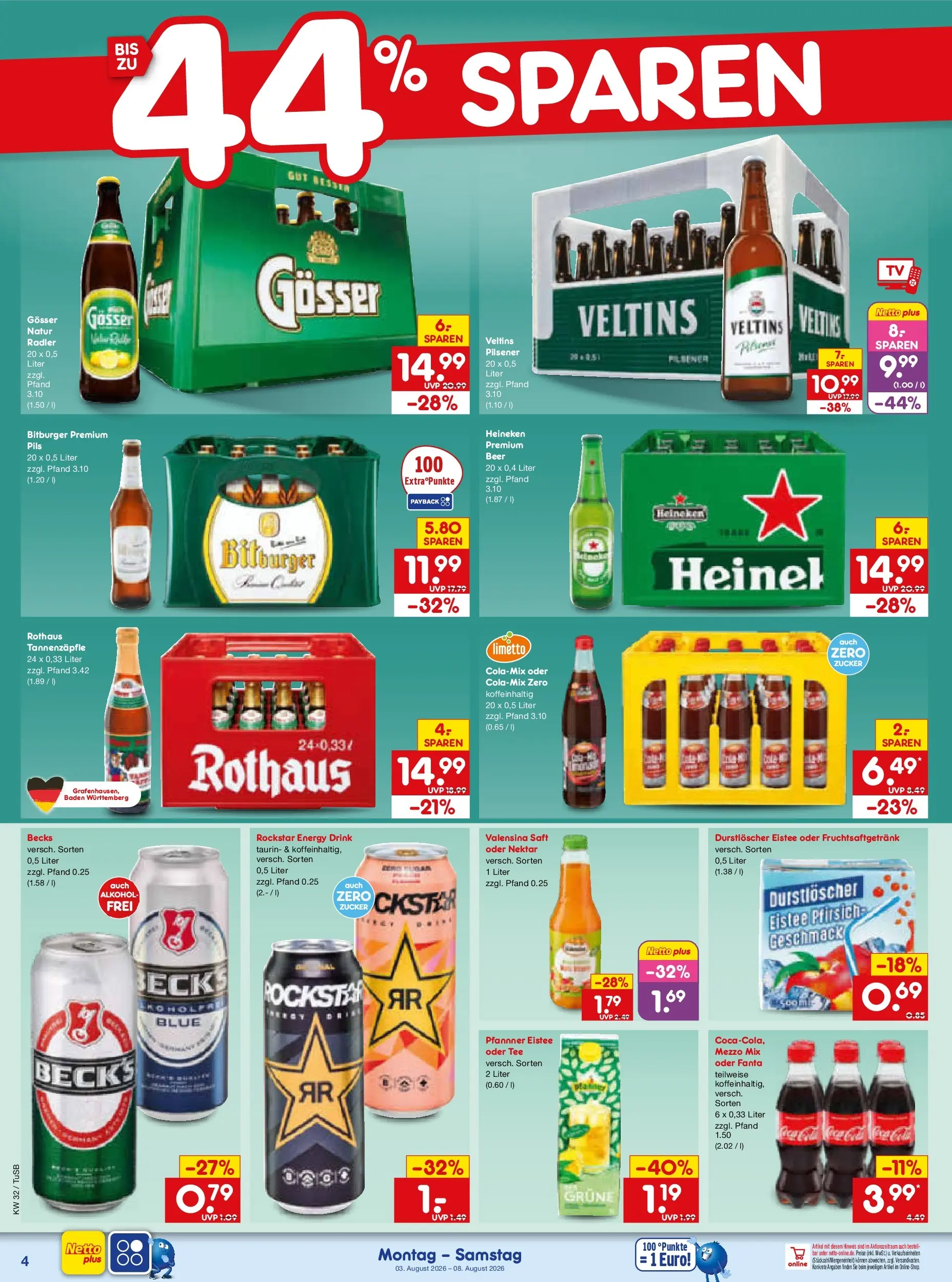 Netto Marken-Discount Prospekt Sindelfingen (ab 03.08.2026) » Angebote | Seite: 8 | Produkte: Rockstar energy, Fanta, Tee, Veltins
