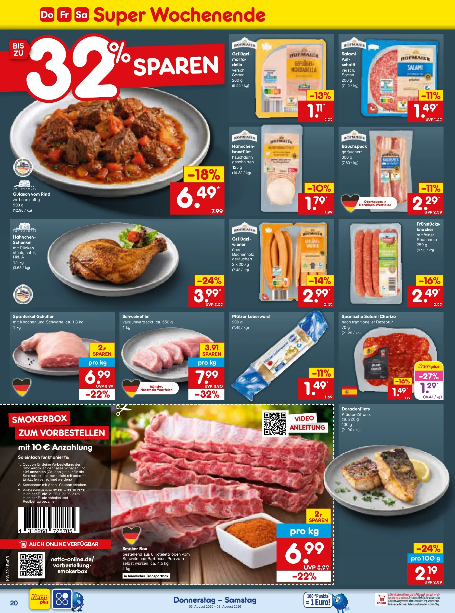 Netto Marken-Discount Prospekt Bochum (ab 03.08.2026) » Angebote | Seite: 38 | Produkte: Hahnchen, Schweinefilet, Salami, Video