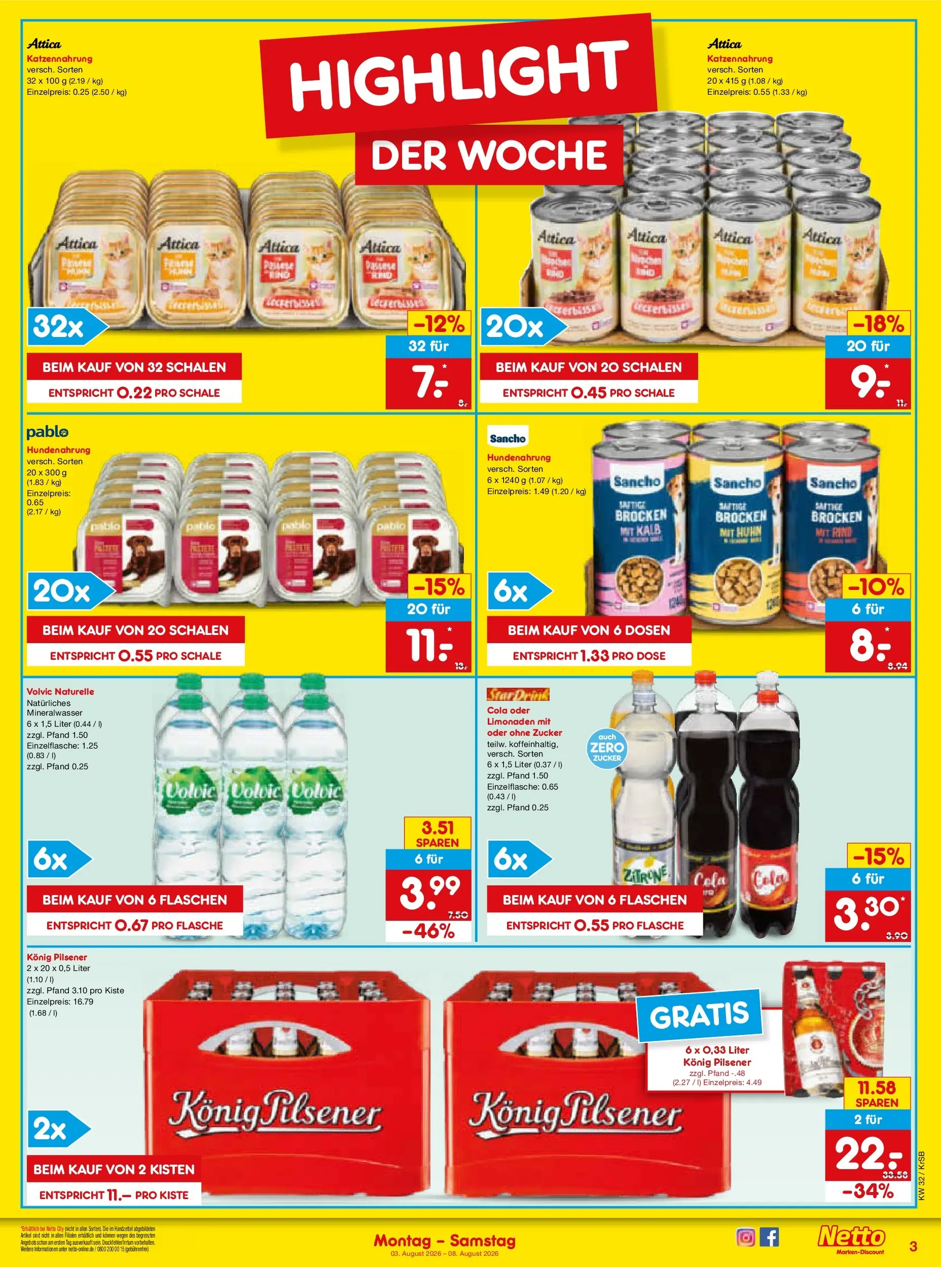 Netto Marken-Discount Prospekt Baesweiler (ab 03.08.2026) » Angebote | Seite: 3 | Produkte: Konig pilsener, Cola, Mineralwasser, Zitrone