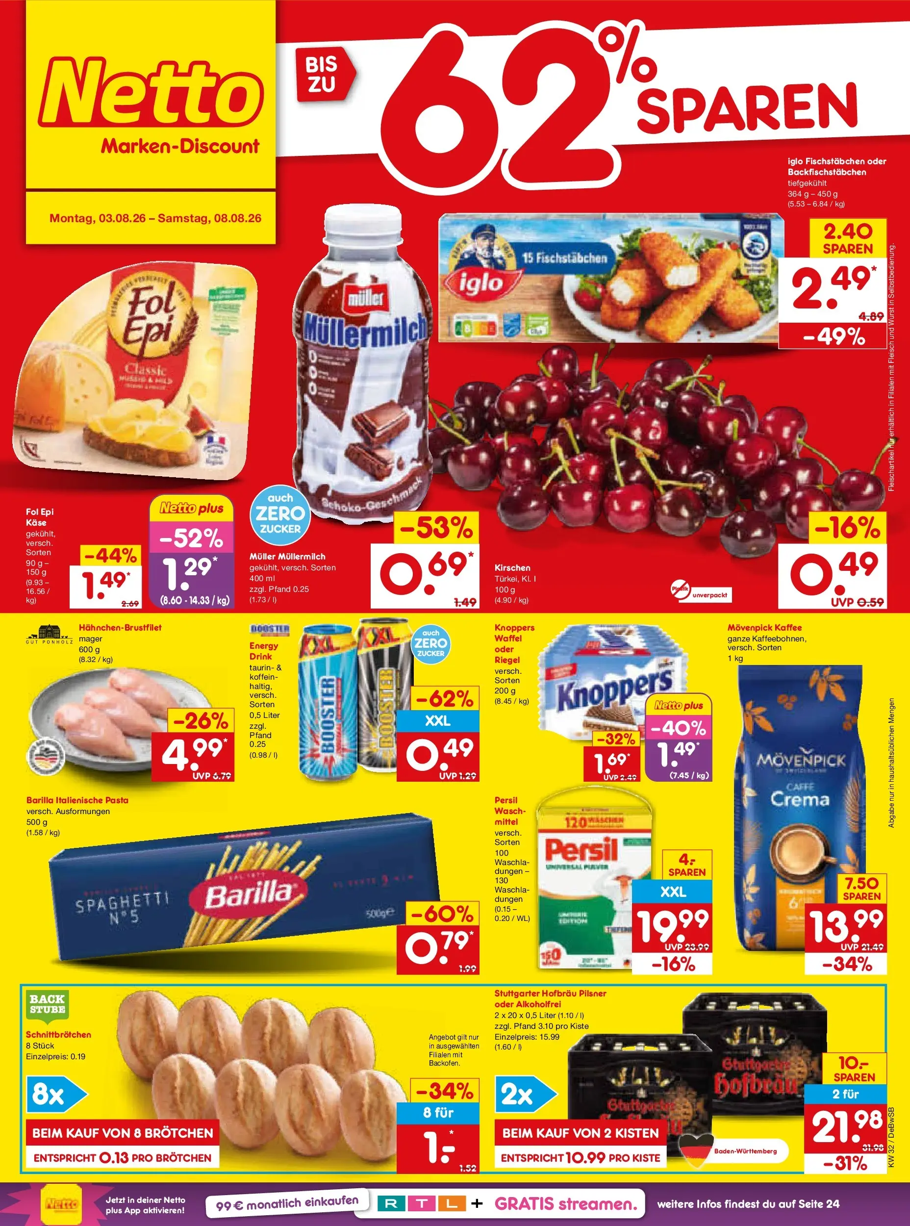 Netto Marken-Discount Prospekt Waiblingen-Bittenfeld (ab 03.08.2026) » Angebote | Seite: 1 | Produkte: Barilla, Kirschen, Wurst, Knoppers
