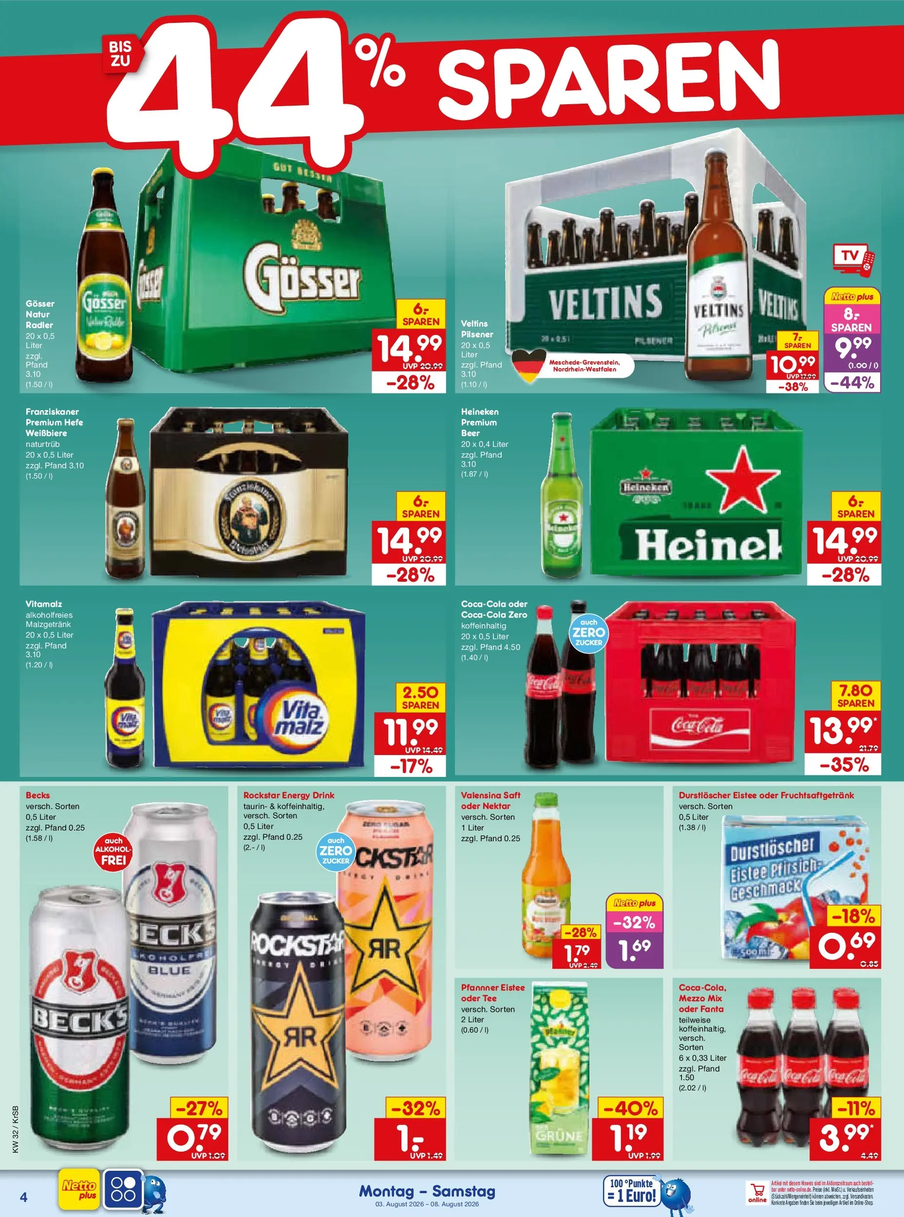 Netto Marken-Discount Prospekt Baesweiler (ab 03.08.2026) » Angebote | Seite: 8 | Produkte: Rockstar energy, Energy, Heineken, Valensina
