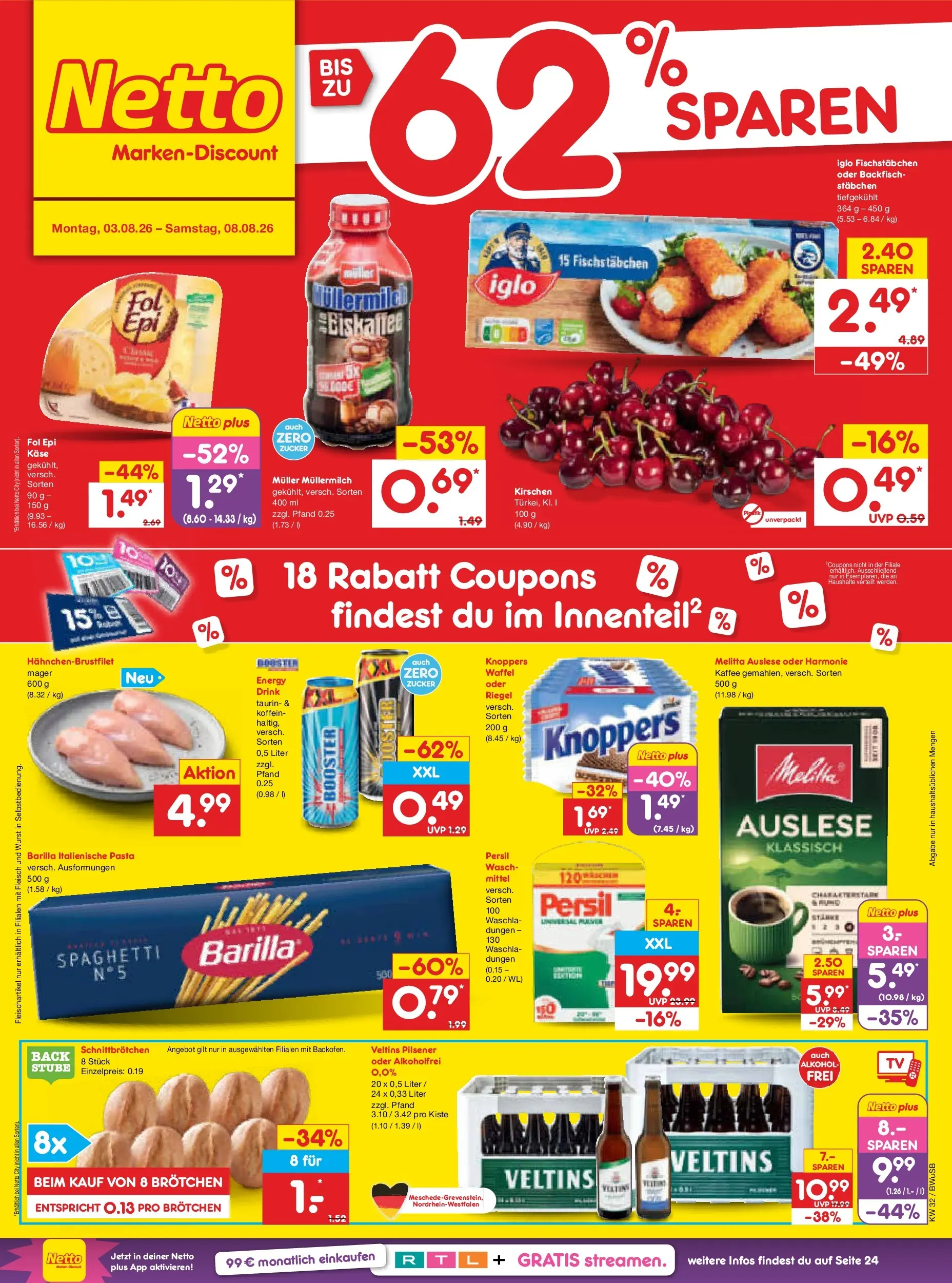 Netto Marken-Discount Prospekt Bielefeld (ab 03.08.2026) » Angebote | Seite: 1 | Produkte: Kaffee, Zucker, Müllermilch, Fleisch