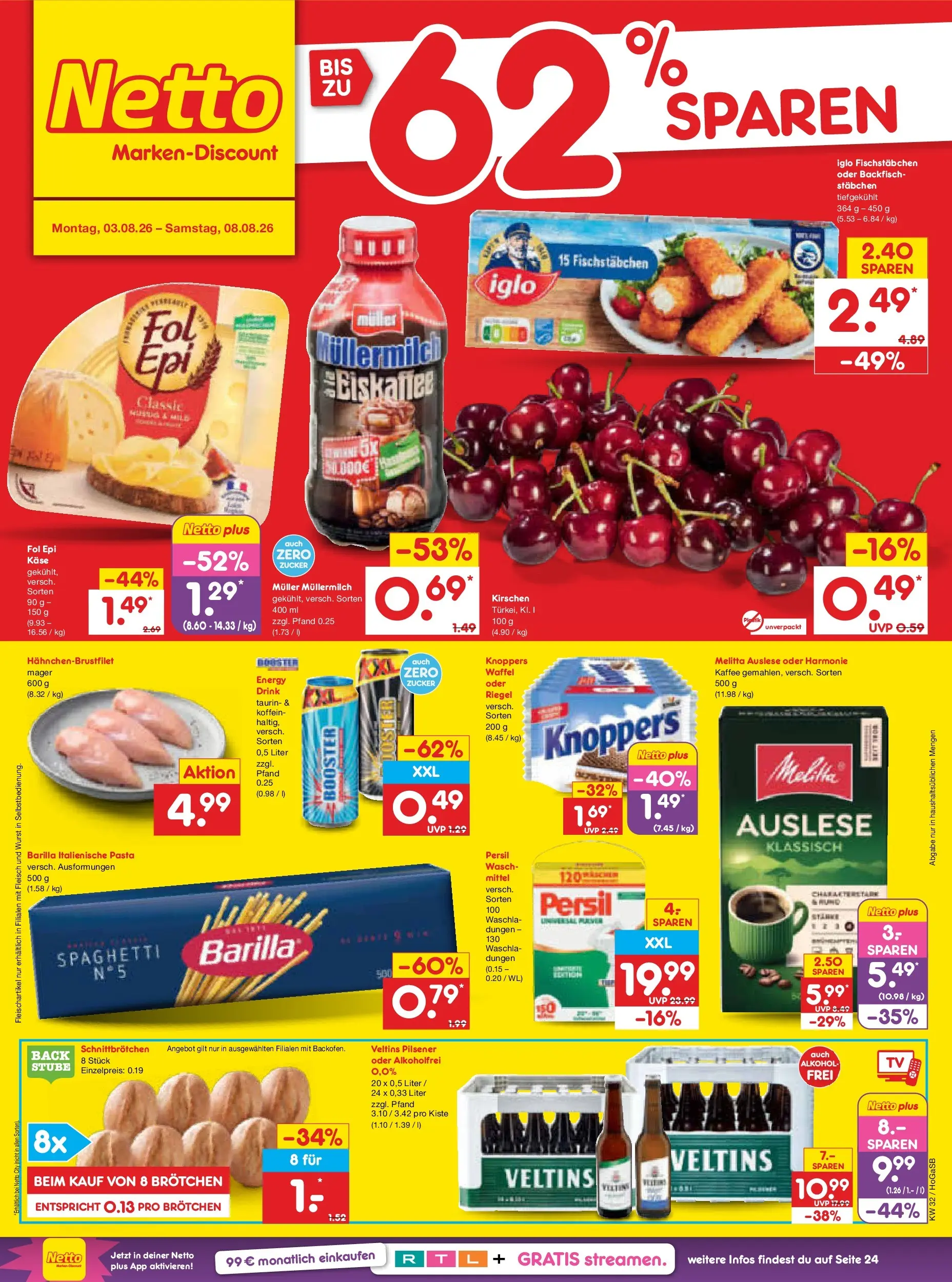 Netto Marken-Discount Prospekt Oldenburg (ab 03.08.2026) » Angebote | Seite: 1 | Produkte: Käse, Barilla, Pasta, Fleisch