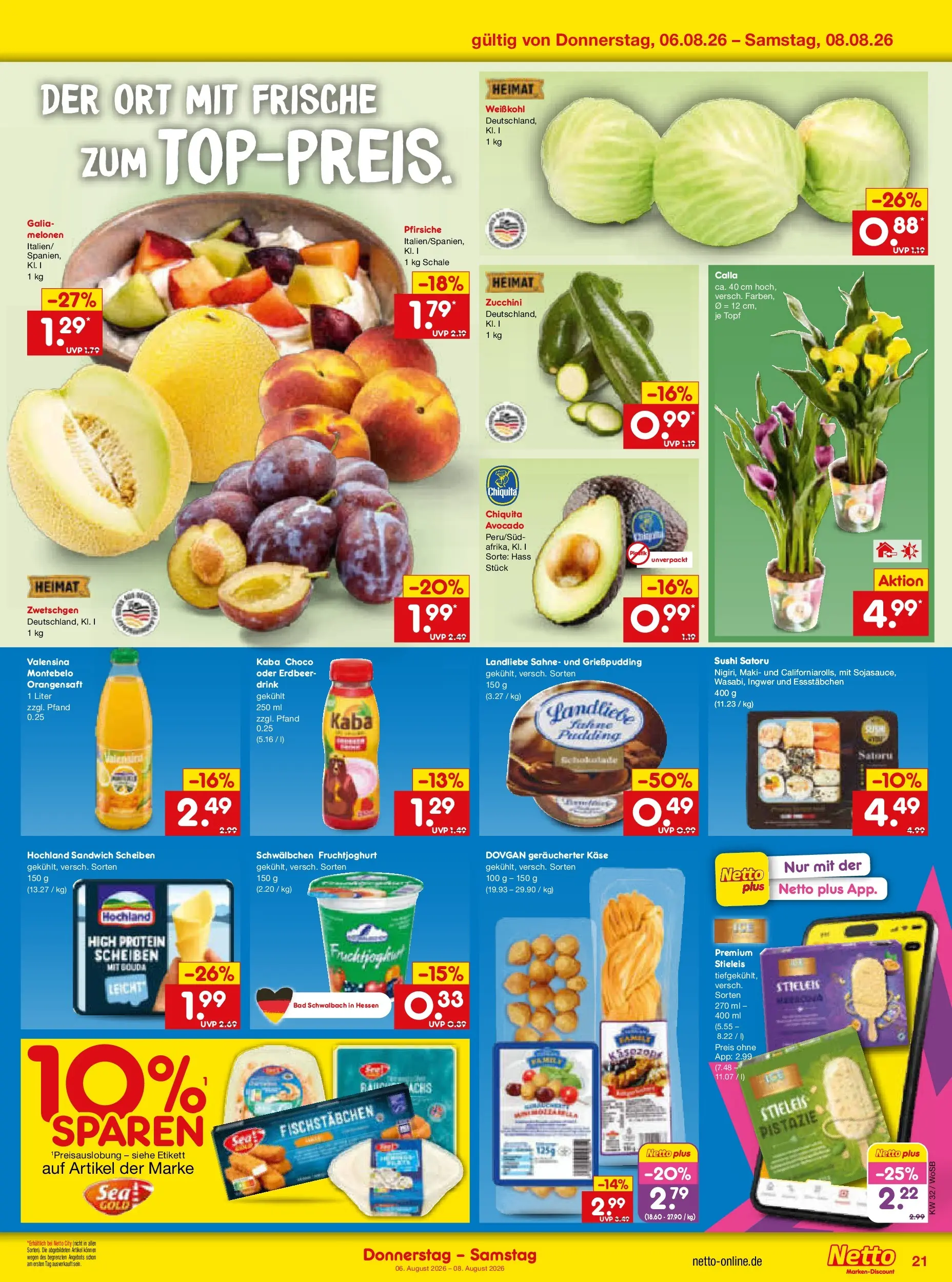 Netto Marken-Discount Prospekt Ludwigshafen-Edigheim (ab 03.08.2026) » Angebote | Seite: 39 | Produkte: Käse, Orangensaft, Avocado, Fischstabchen