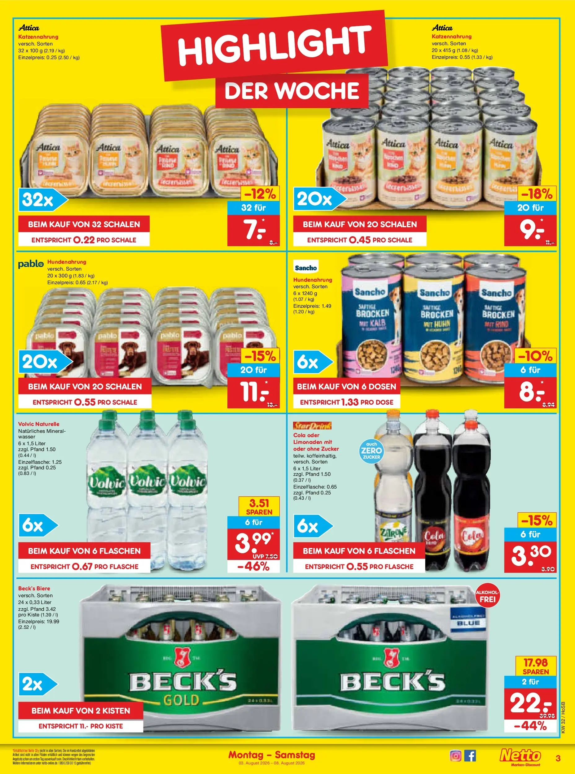 Netto Marken-Discount Prospekt Hannover (ab 03.08.2026) » Angebote | Seite: 3 | Produkte: Cola, Wasser, Zucker, Zitrone
