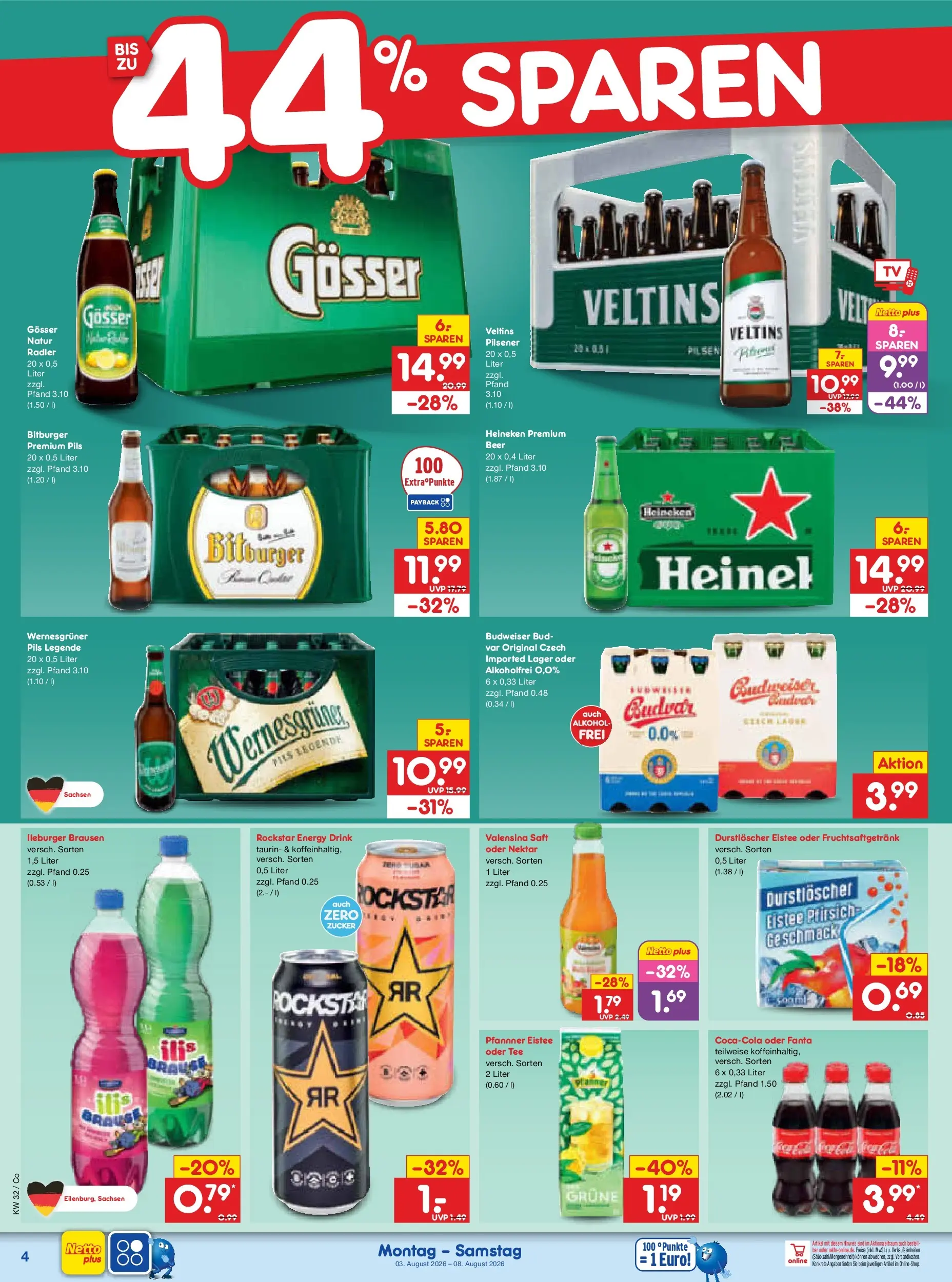 Netto Marken-Discount Prospekt Leipzig (ab 03.08.2026) » Angebote | Seite: 8 | Produkte: Rockstar energy, Fanta, Pils, Valensina