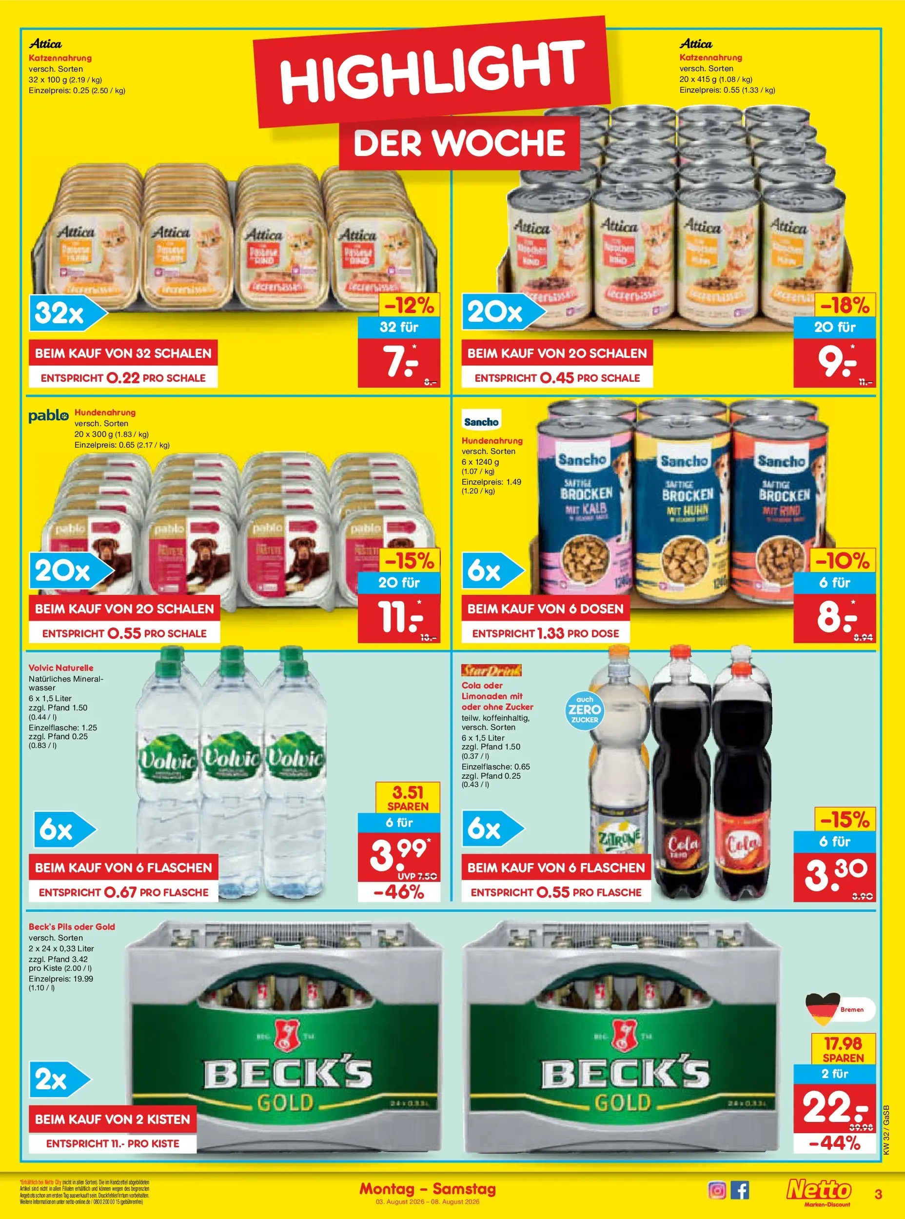 Netto Marken-Discount Prospekt Oldenburg (ab 03.08.2026) » Angebote | Seite: 3 | Produkte: Cola, Wasser, Zucker, Volvic