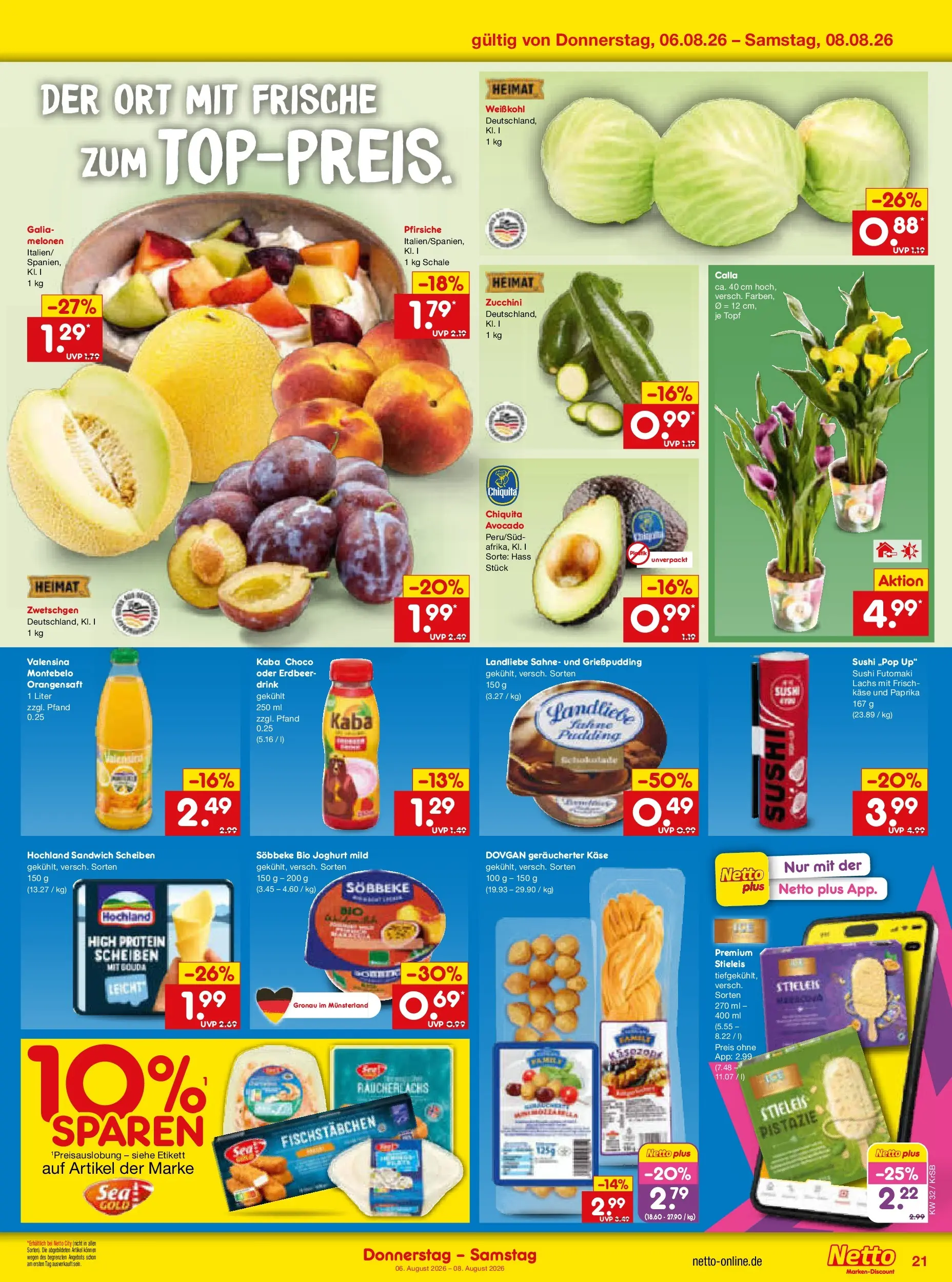 Netto Marken-Discount Prospekt Baesweiler (ab 03.08.2026) » Angebote | Seite: 39 | Produkte: Zwetschgen, Räucherlachs, Fischstabchen, Sahne