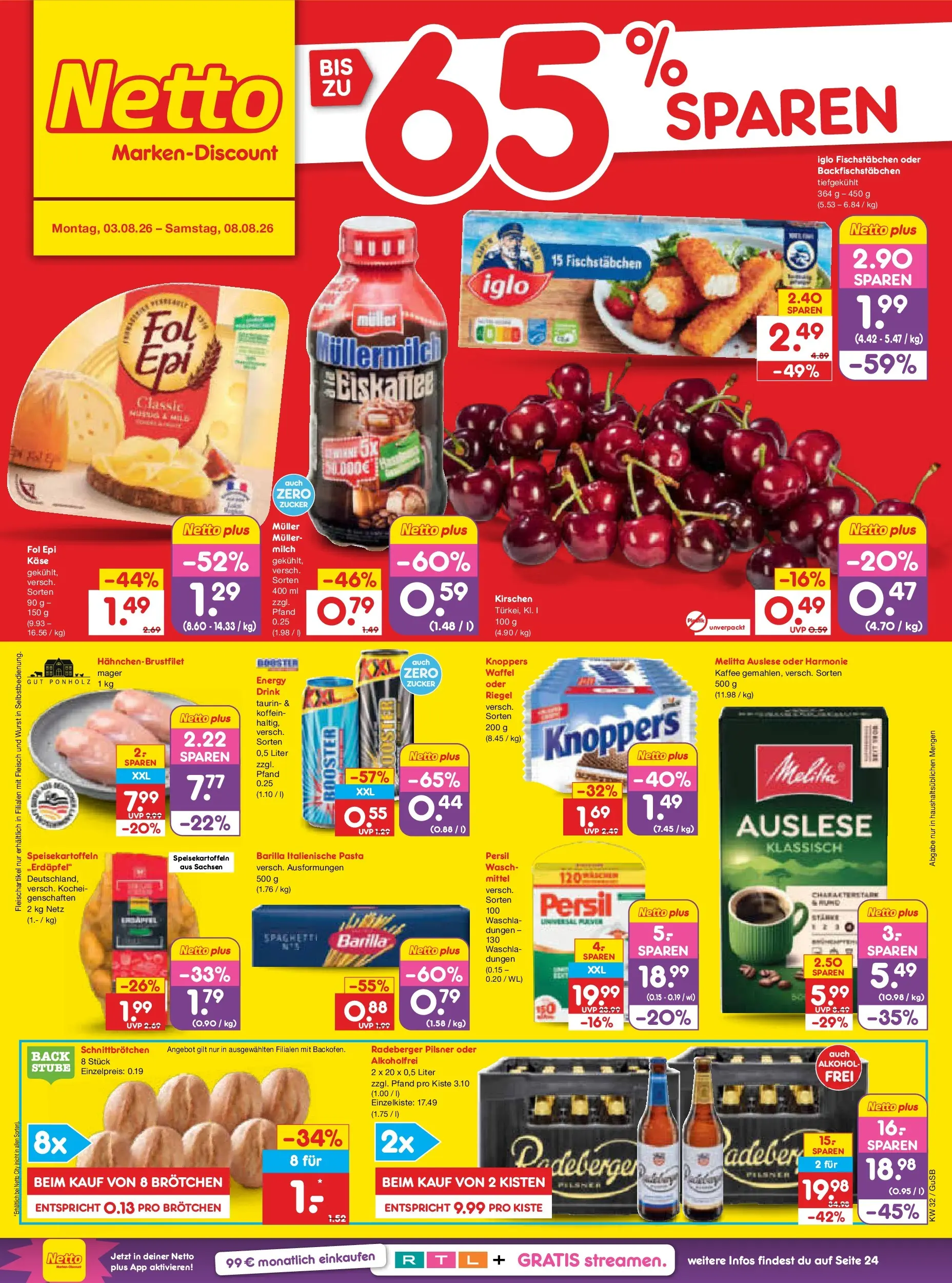 Netto Marken-Discount Prospekt Machern (ab 03.08.2026) » Angebote | Seite: 1 | Produkte: Milch, Iglo, Radeberger pilsner, Persil