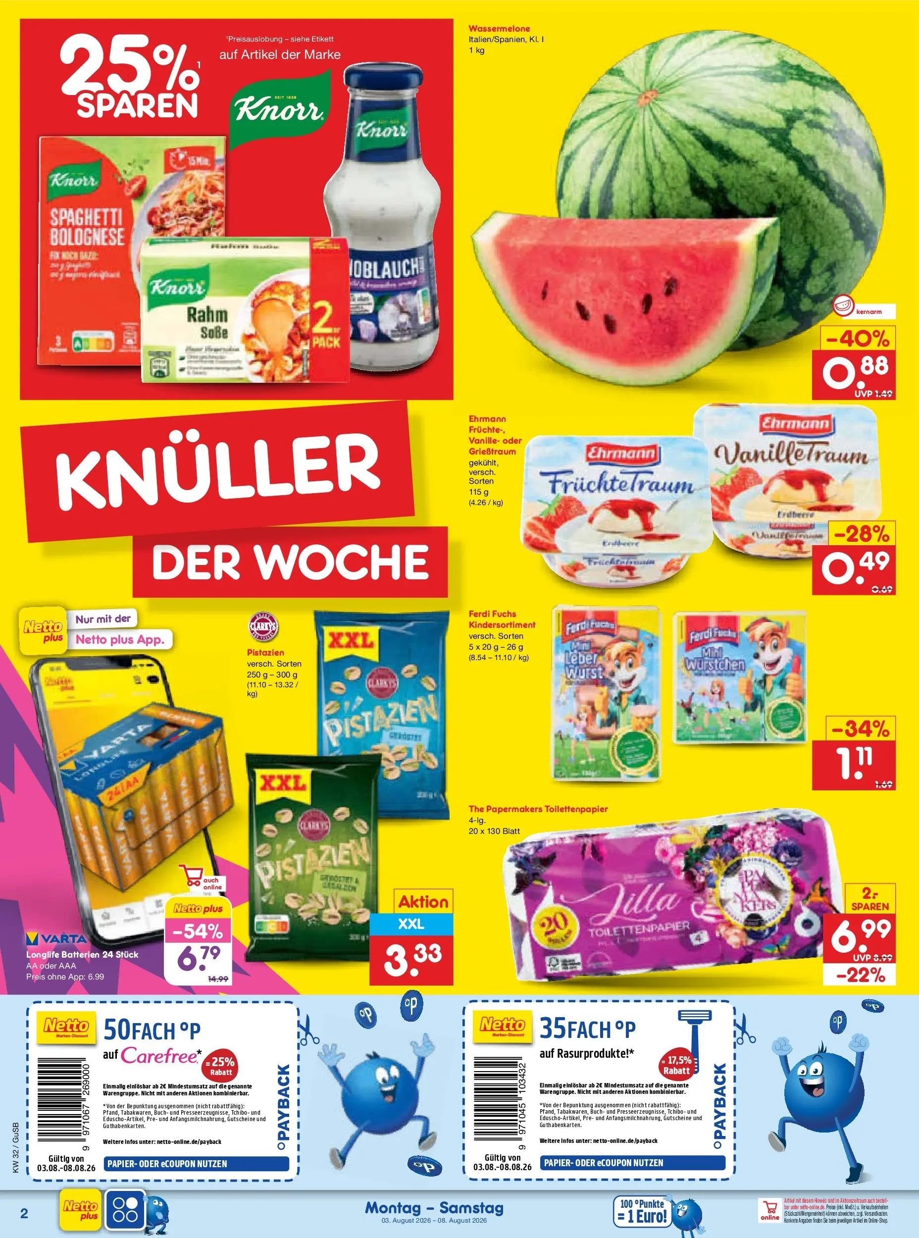 Netto Marken-Discount Prospekt Machern (ab 03.08.2026) » Angebote | Seite: 2 | Produkte: Batterien, Pistazien, Wurst, Toilettenpapier