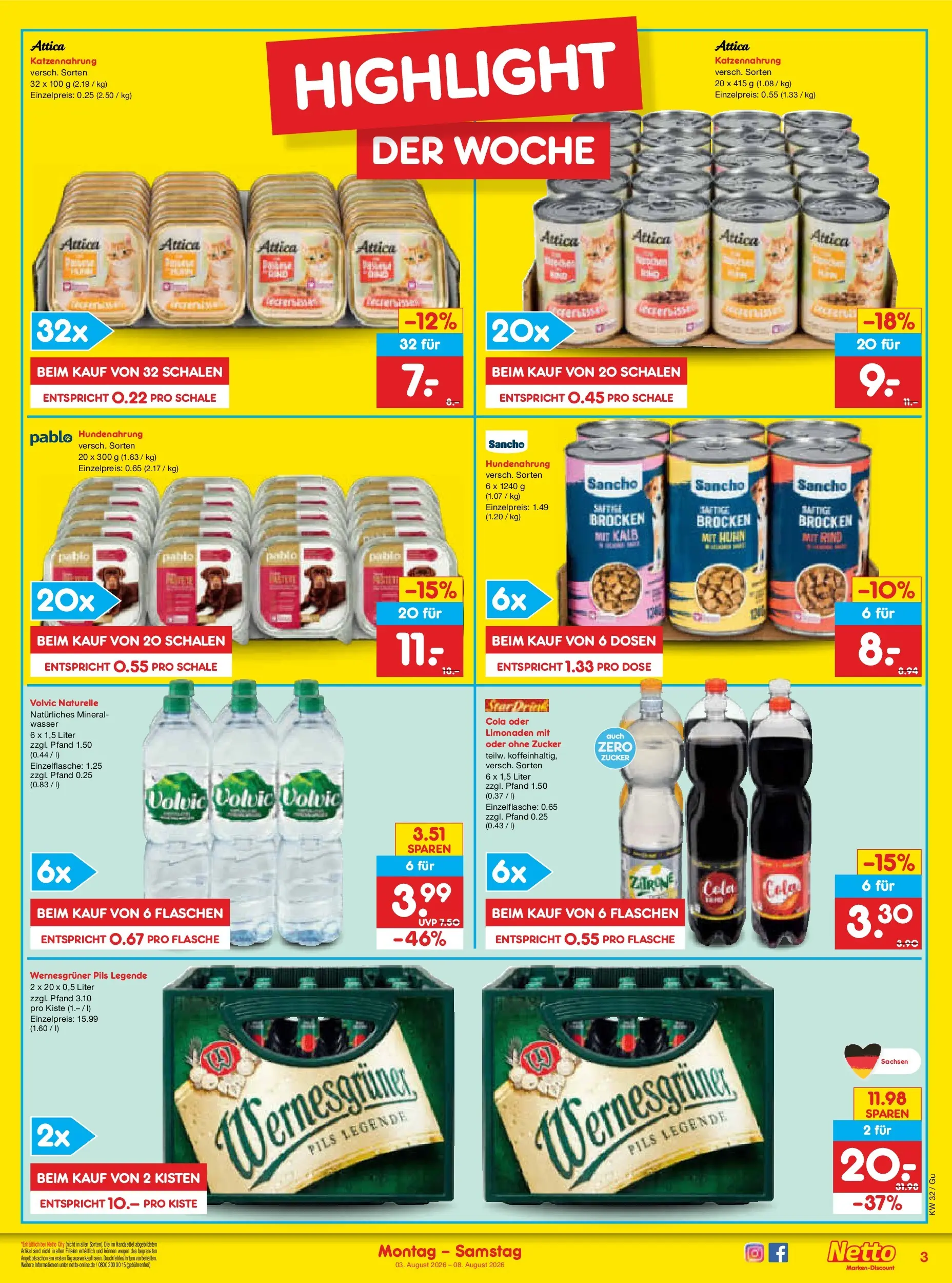 Netto Marken-Discount Prospekt Machern (ab 03.08.2026) » Angebote | Seite: 3 | Produkte: Pils, Wernesgruner, Zitrone, Volvic