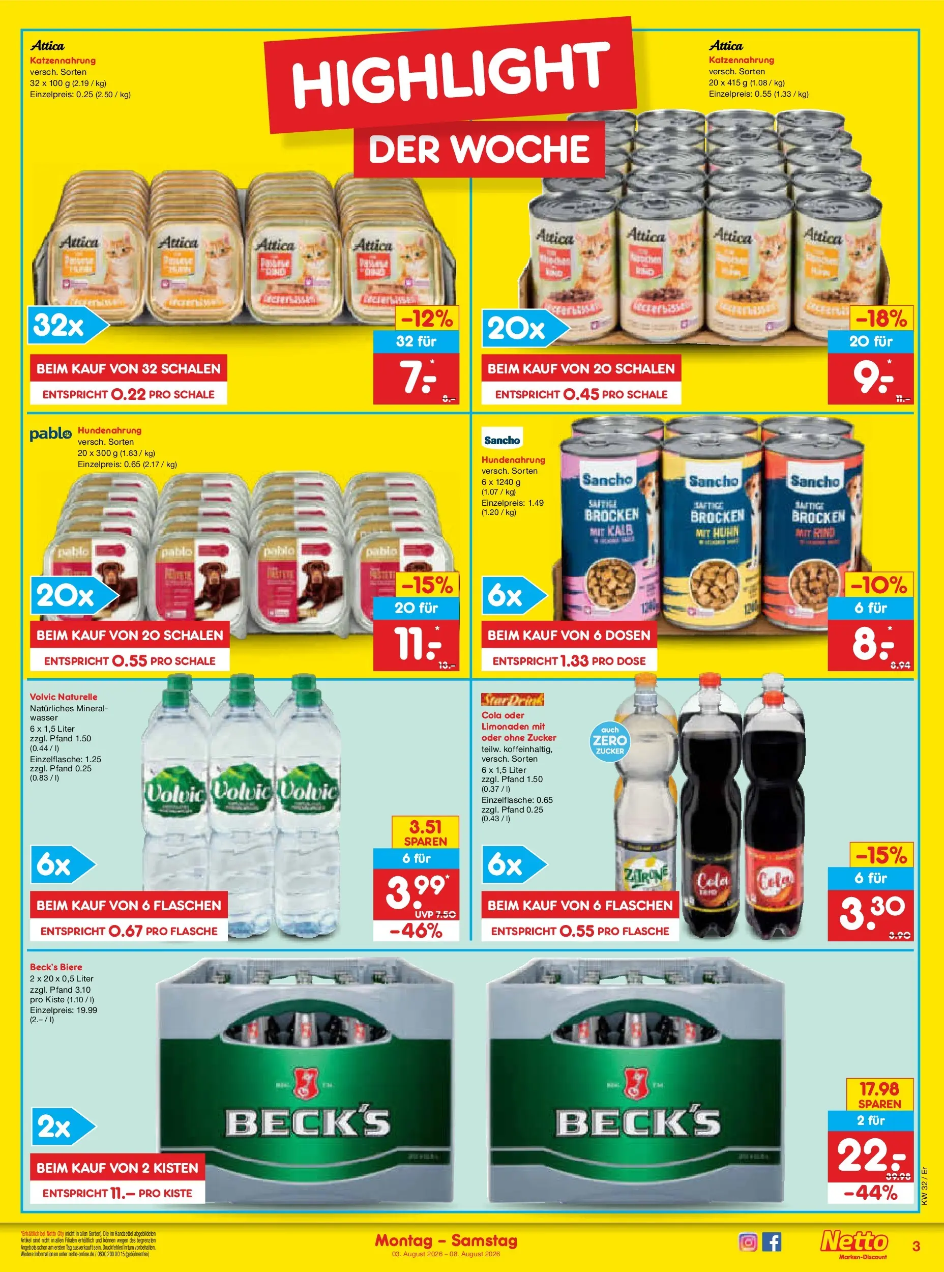 Netto Marken-Discount Prospekt Naumburg (ab 03.08.2026) » Angebote | Seite: 3 | Produkte: Cola, Wasser, Zucker, Volvic