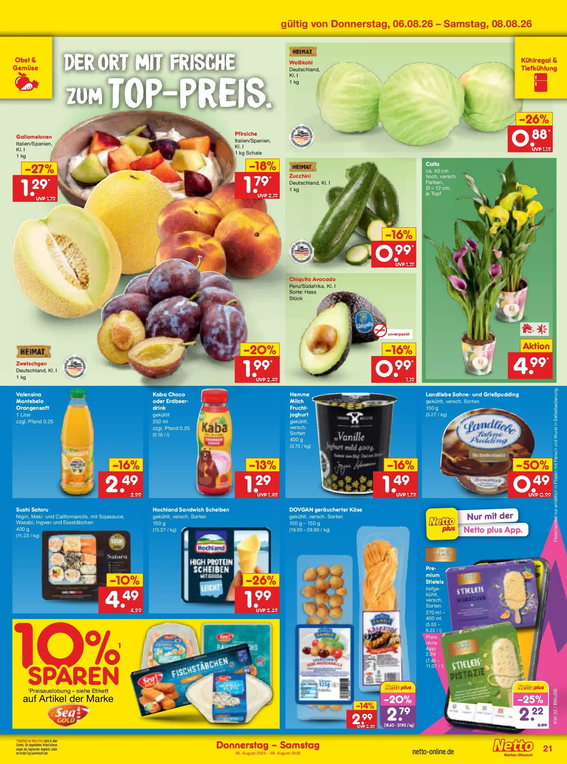 Netto Marken-Discount Prospekt Bielefeld (ab 03.08.2026) » Angebote | Seite: 39 | Produkte: Orangensaft, Avocado, Fischstabchen, Wurst