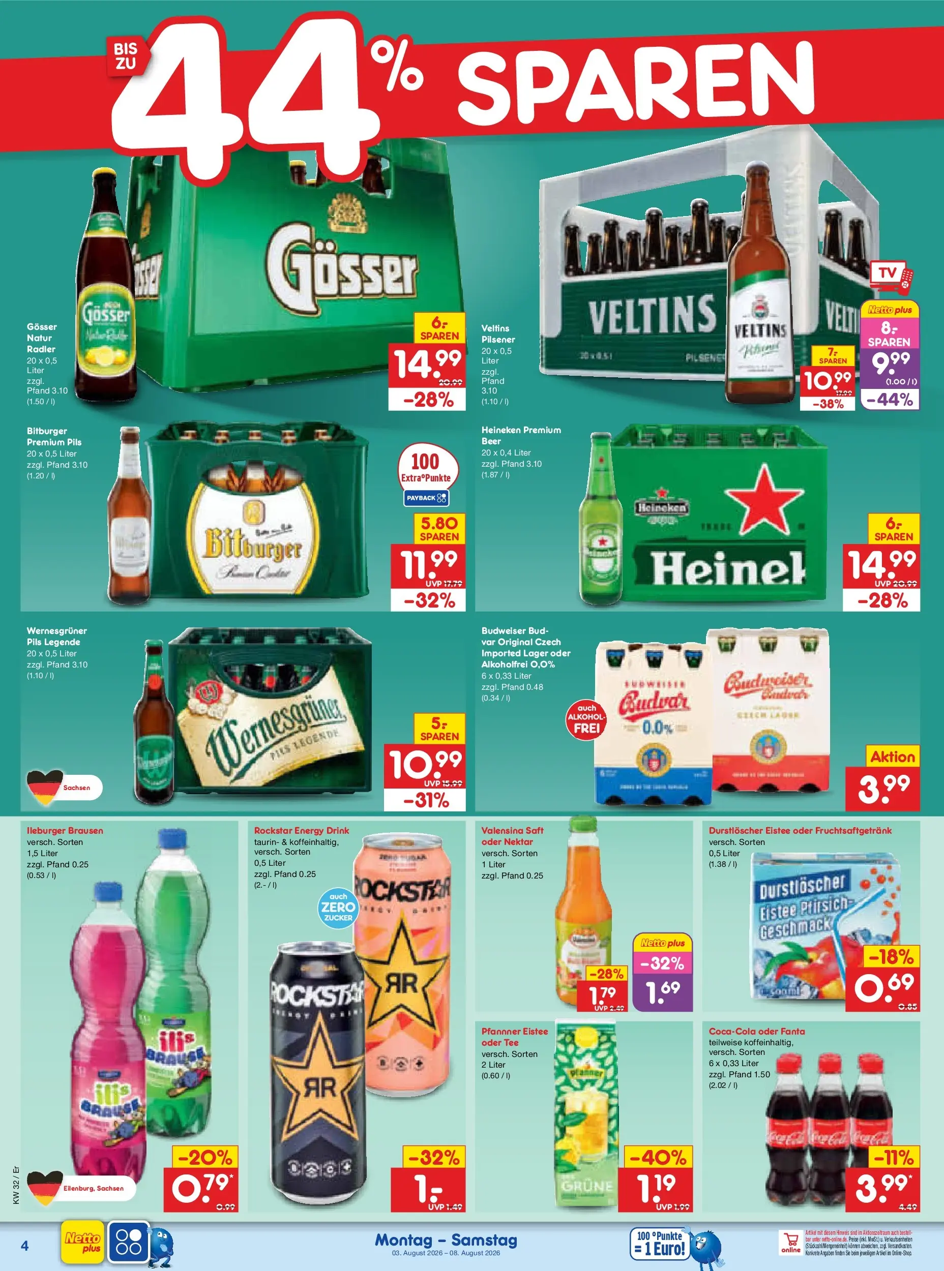 Netto Marken-Discount Prospekt Naumburg (ab 03.08.2026) » Angebote | Seite: 8 | Produkte: Wernesgruner, Valensina, Tee, Veltins