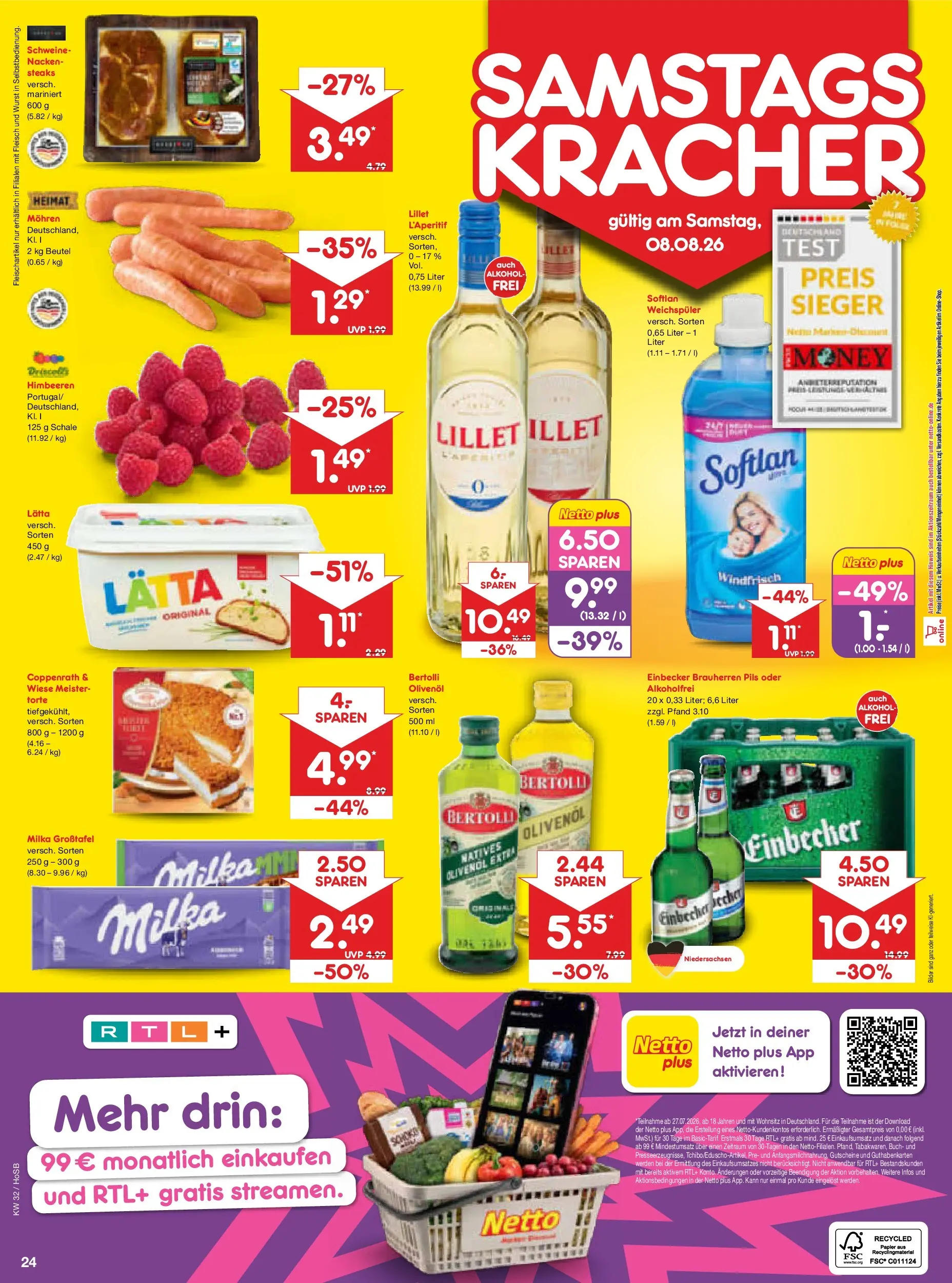 Netto Marken-Discount Prospekt Hannover (ab 03.08.2026) » Angebote | Seite: 42 | Produkte: Himbeeren, Olivenol, Milka, Wurst