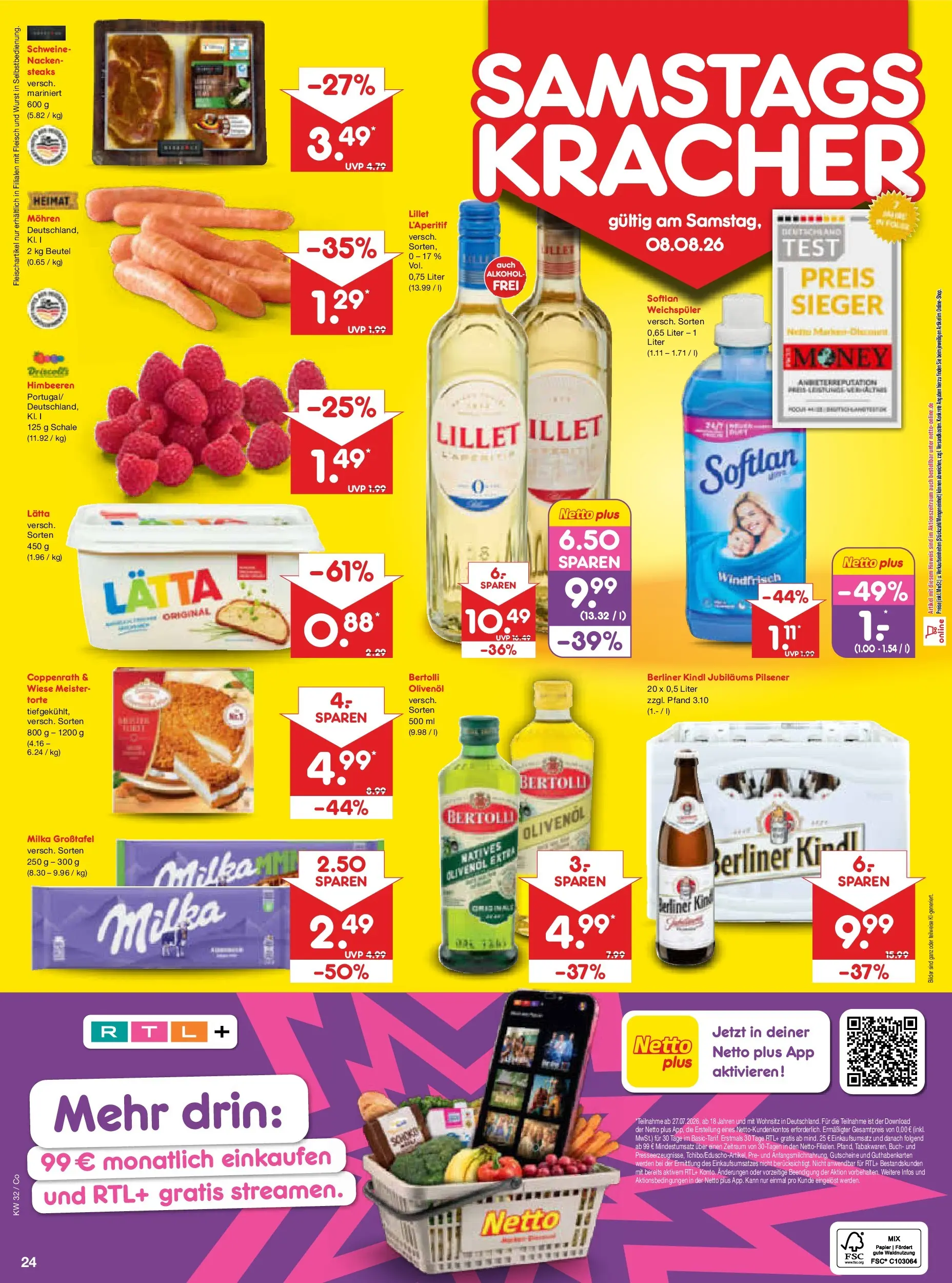 Netto Marken-Discount Prospekt Leipzig (ab 03.08.2026) » Angebote | Seite: 42 | Produkte: Himbeeren, Lillet, Weichspüler, Fleisch