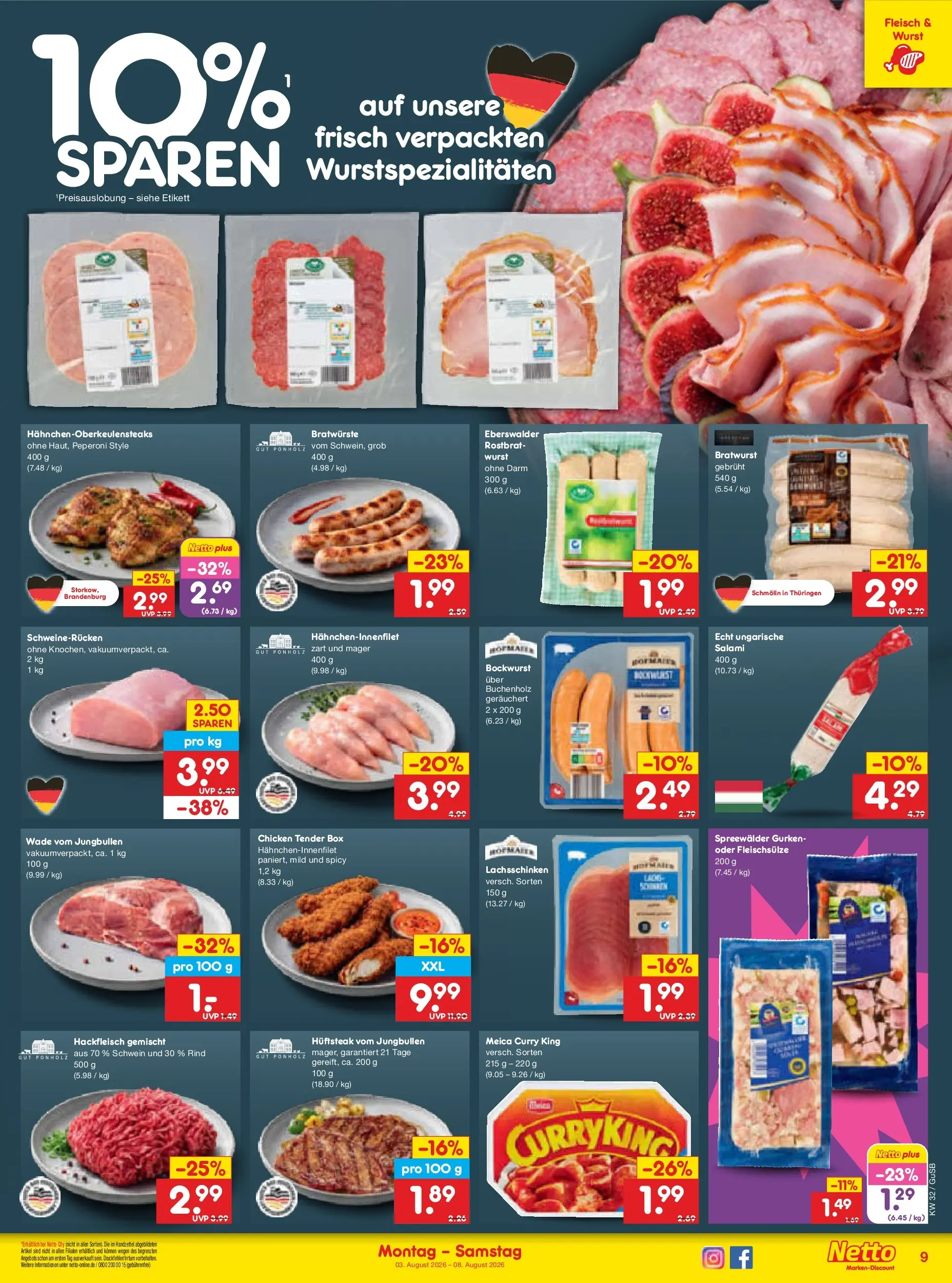 Netto Marken-Discount Prospekt Machern (ab 03.08.2026) » Angebote | Seite: 19 | Produkte: Box, Bratwurst, Schweinerucken, Salami