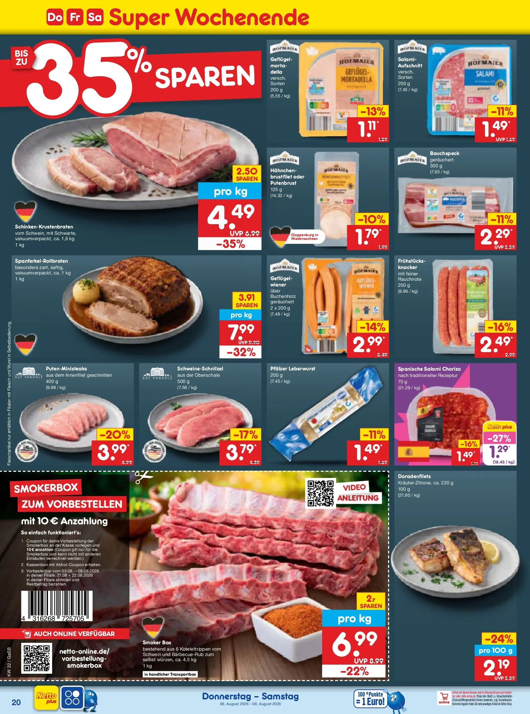 Netto Marken-Discount Prospekt Oldenburg (ab 03.08.2026) » Angebote | Seite: 38 | Produkte: Hahnchen, Salami, Fleisch, Video