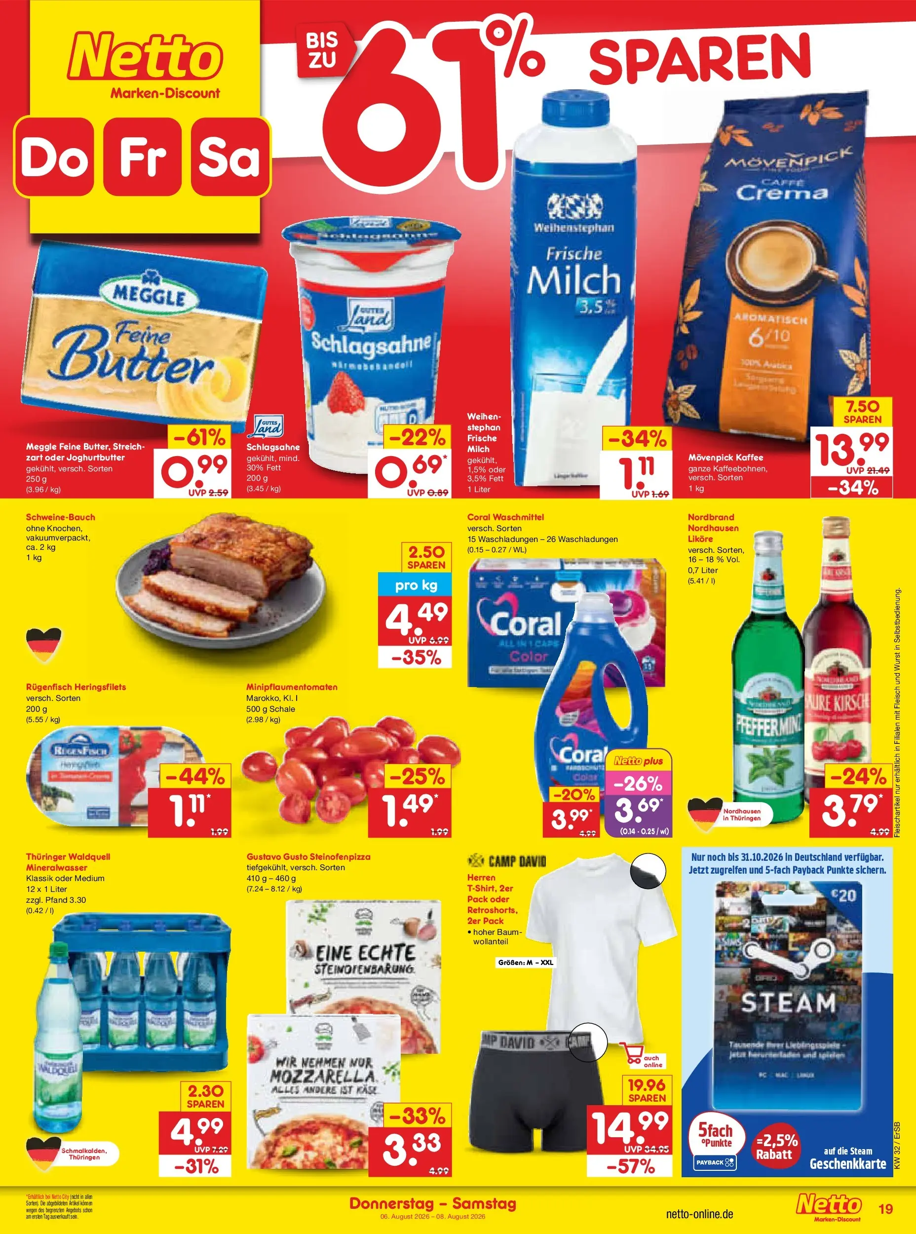 Netto Marken-Discount Prospekt Naumburg (ab 03.08.2026) » Angebote | Seite: 37 | Produkte: Schlagsahne, Coral, Schweinebauch, Coral waschmittel