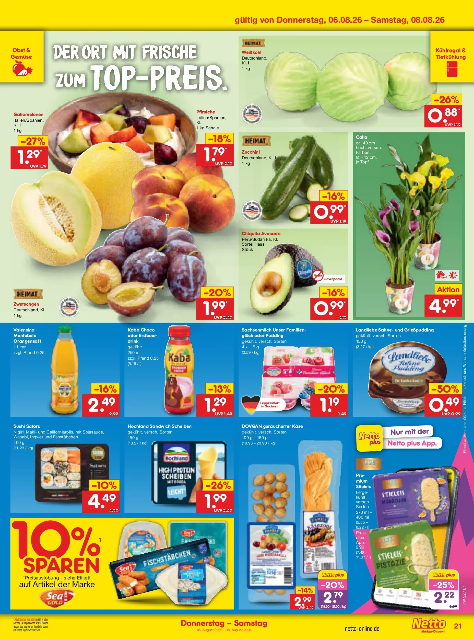 Netto Marken-Discount Prospekt Naumburg (ab 03.08.2026) » Angebote | Seite: 39 | Produkte: Zwetschgen, Pudding, Fischstabchen, Sahne