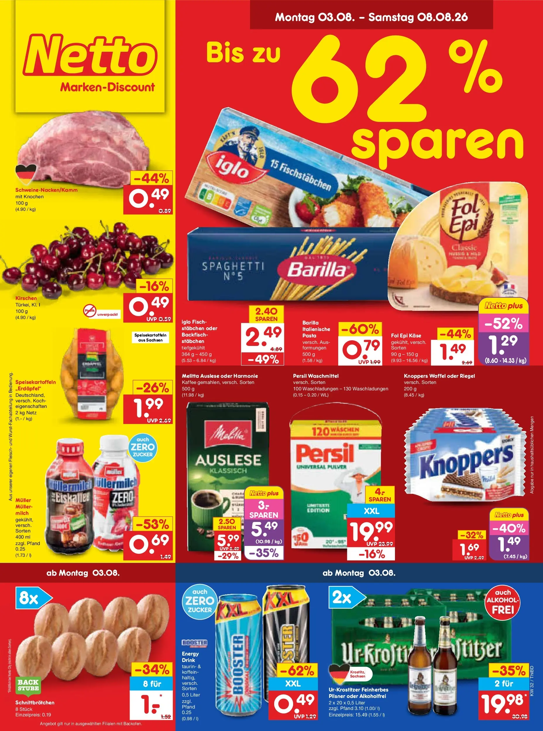 Netto Marken-Discount Prospekt Thiendorf (ab 03.08.2026) » Angebote | Seite: 1 | Produkte: Energy, Kirschen, Fischstabchen, Knoppers