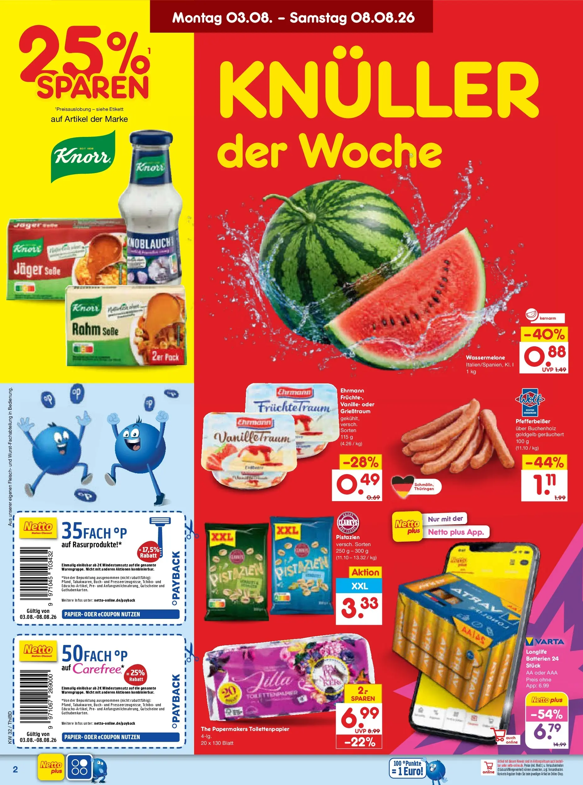 Netto Marken-Discount Prospekt Thiendorf (ab 03.08.2026) » Angebote | Seite: 2 | Produkte: Soße, Wassermelone, Fleisch, Toilettenpapier
