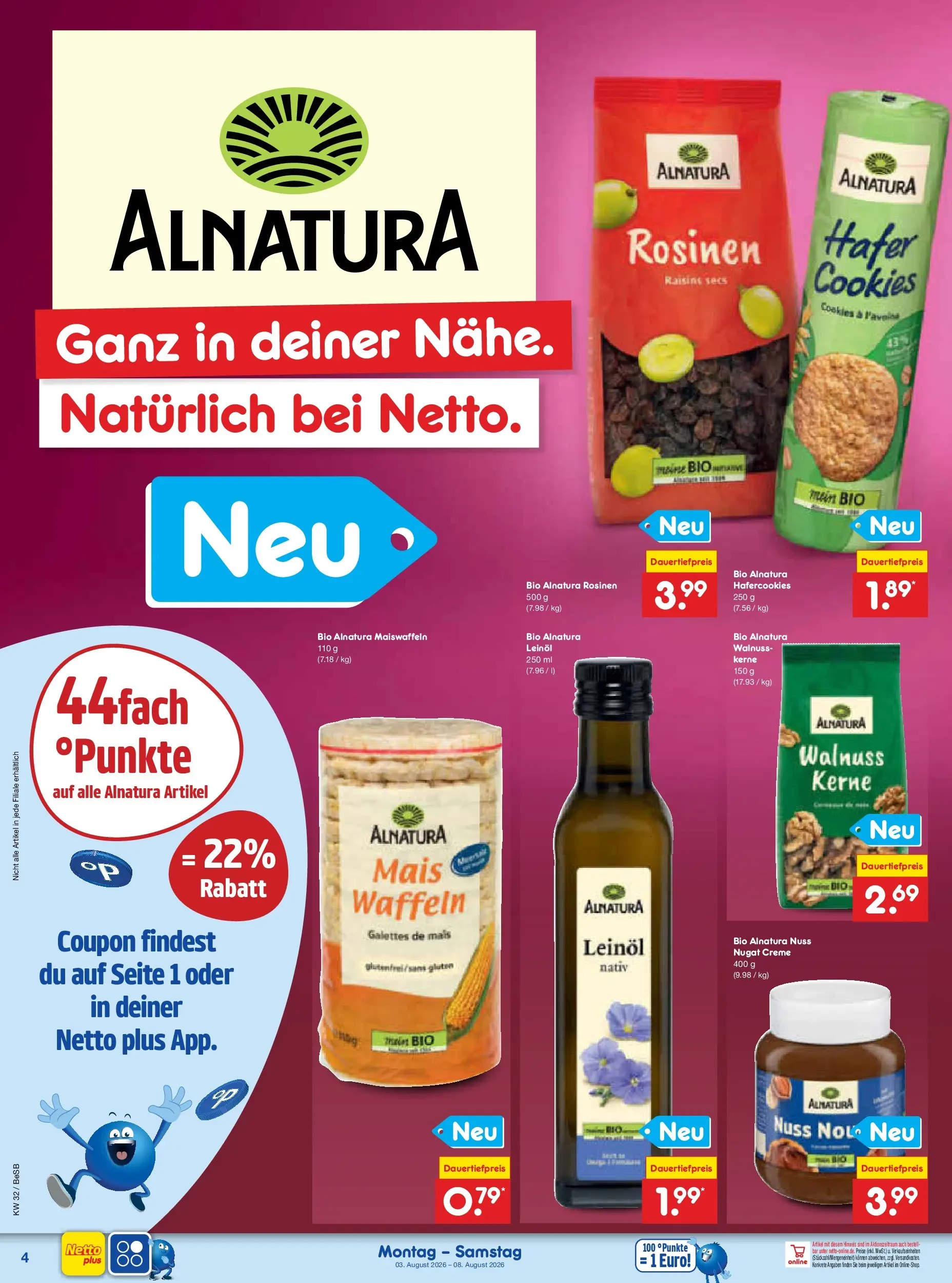 Netto Marken-Discount Prospekt Berlin-Prenzlauer Berg (ab 03.08.2026) » Angebote | Seite: 8 | Produkte: Leinöl, Creme, Waffeln, Rosinen