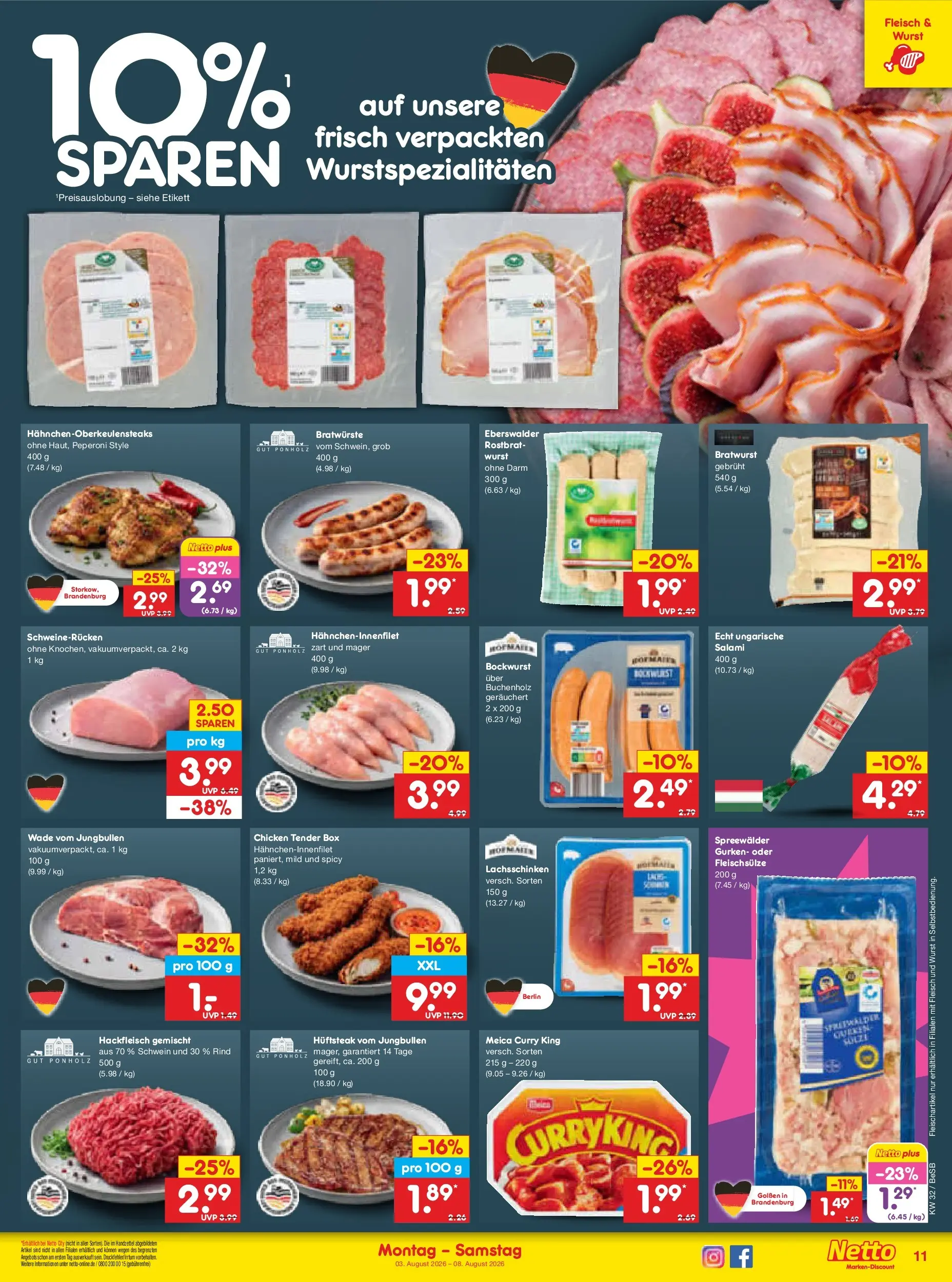 Netto Marken-Discount Prospekt Berlin-Prenzlauer Berg (ab 03.08.2026) » Angebote | Seite: 21 | Produkte: Bratwurst, Meica, Schweinerucken, Hackfleisch